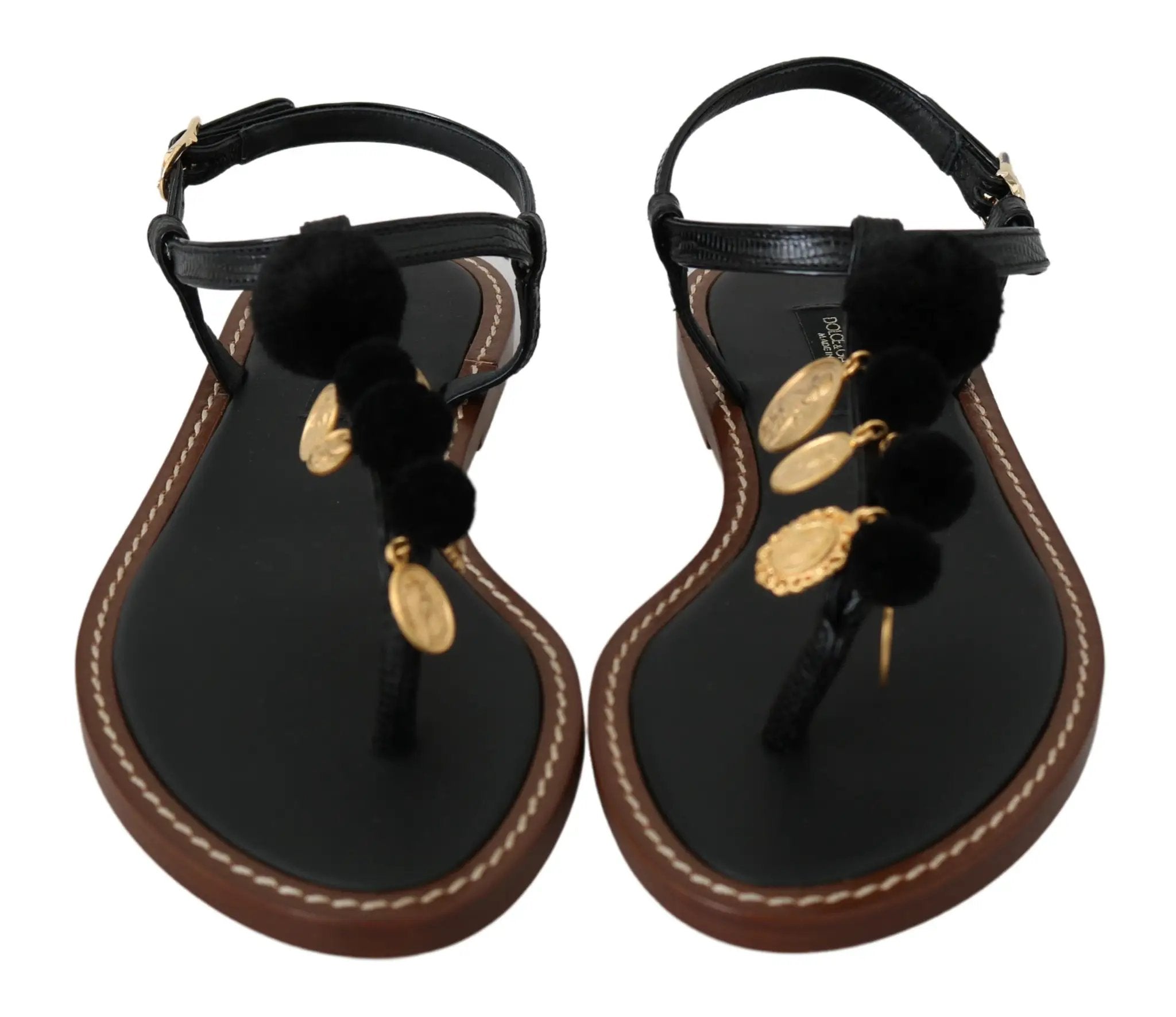 Sandales tongs Dolce &amp; Gabbana en cuir noir à motif pièces