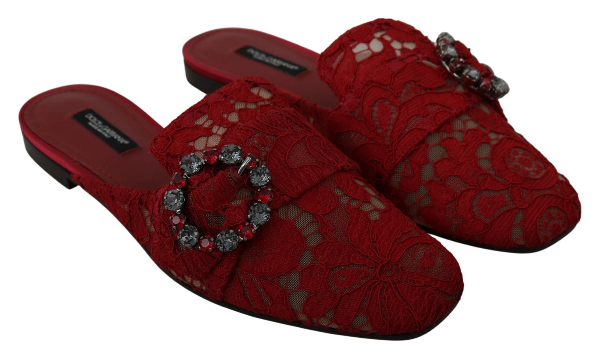 Dolce & Gabbana Red Lace Crystal Slide On Flats Shoes by Dolce & Gabbana