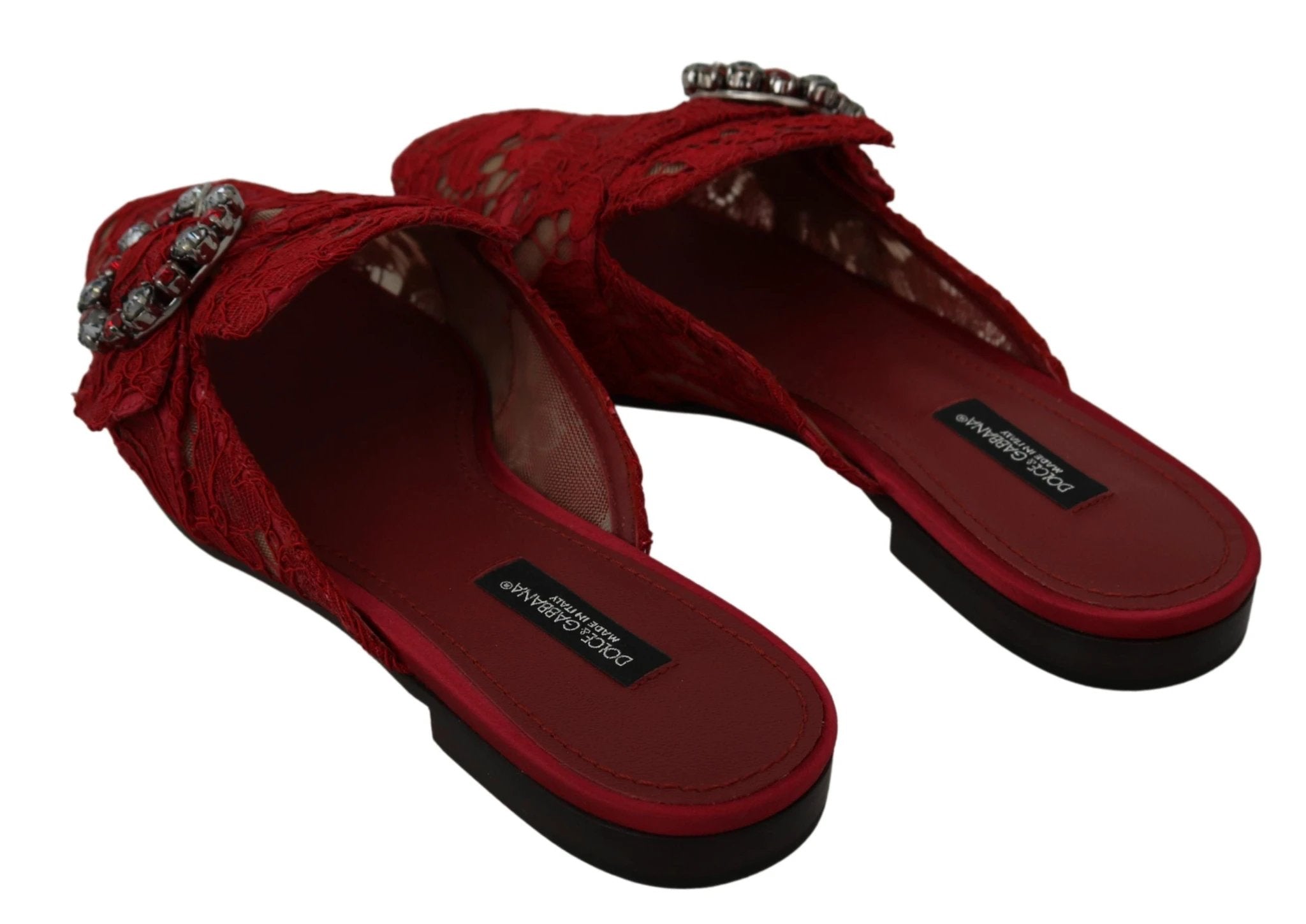 Dolce & Gabbana Red Lace Crystal Slide On Flats Shoes by Dolce & Gabbana