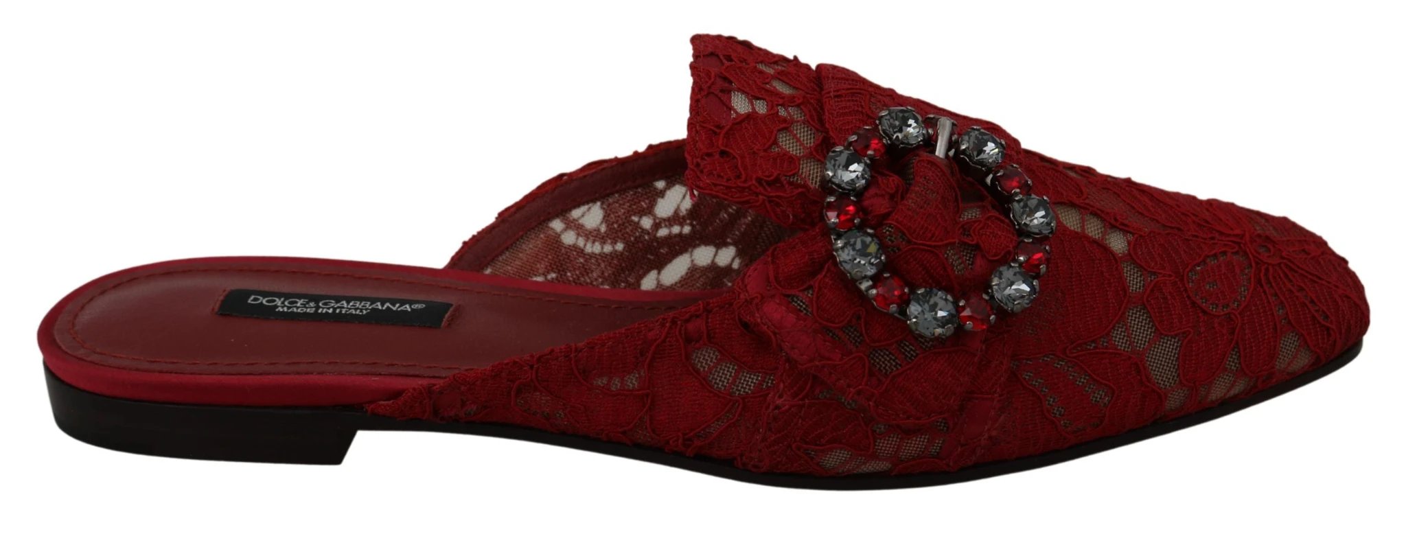 Dolce & Gabbana Red Lace Crystal Slide On Flats Shoes by Dolce & Gabbana
