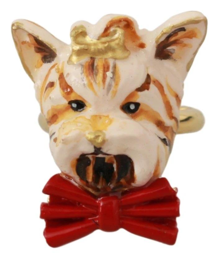 Dolce & Gabbana Gold Brass Resin Beige Dog Pet Branded Accessory Ring by Dolce & Gabbana