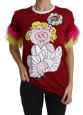 Dolce & Gabbana Red Pig Print Feather Sleeves T-shirt Top by Dolce & Gabbana