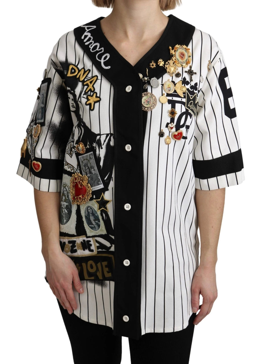 Dolce & Gabbana White and black Blouse Cotton Crystal Charms Amore Shirt by Dolce & Gabbana
