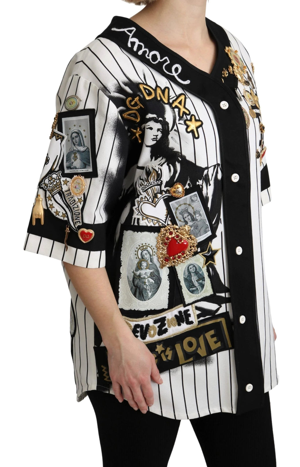 Dolce & Gabbana White and black Blouse Cotton Crystal Charms Amore Shirt by Dolce & Gabbana