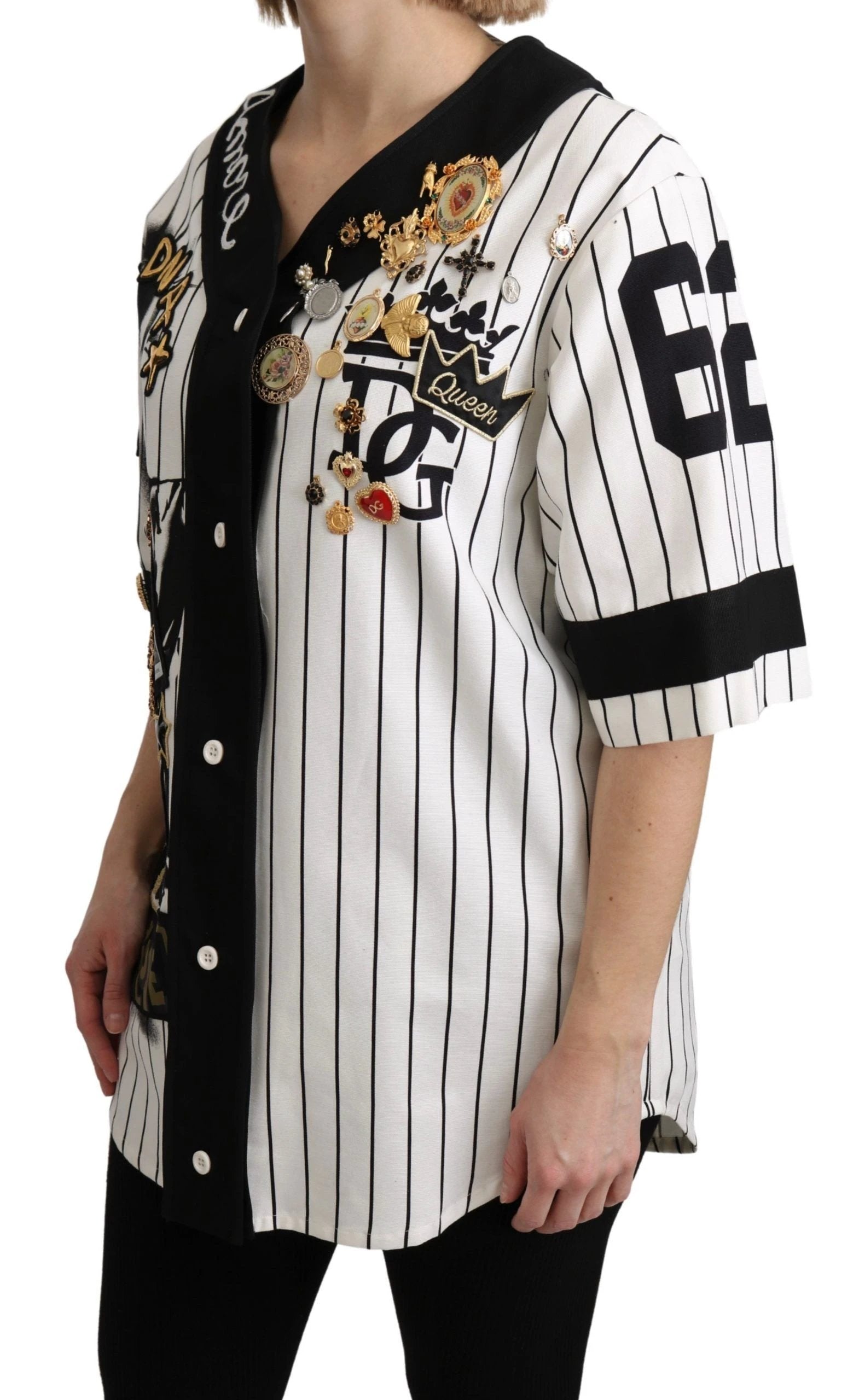 Dolce & Gabbana White and black Blouse Cotton Crystal Charms Amore Shirt by Dolce & Gabbana