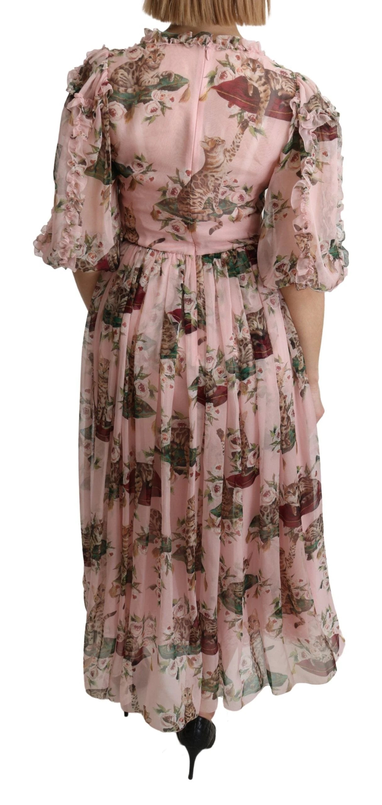 Dolce & Gabbana Pink Bengal Cat Print A-line Maxi Silk Dress by Dolce & Gabbana