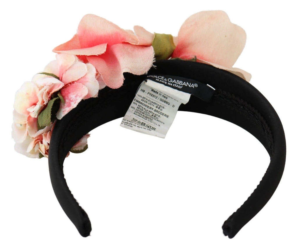 Dolce & Gabbana Pink Silk Black Floral Headband Logo Diadem by Dolce & Gabbana