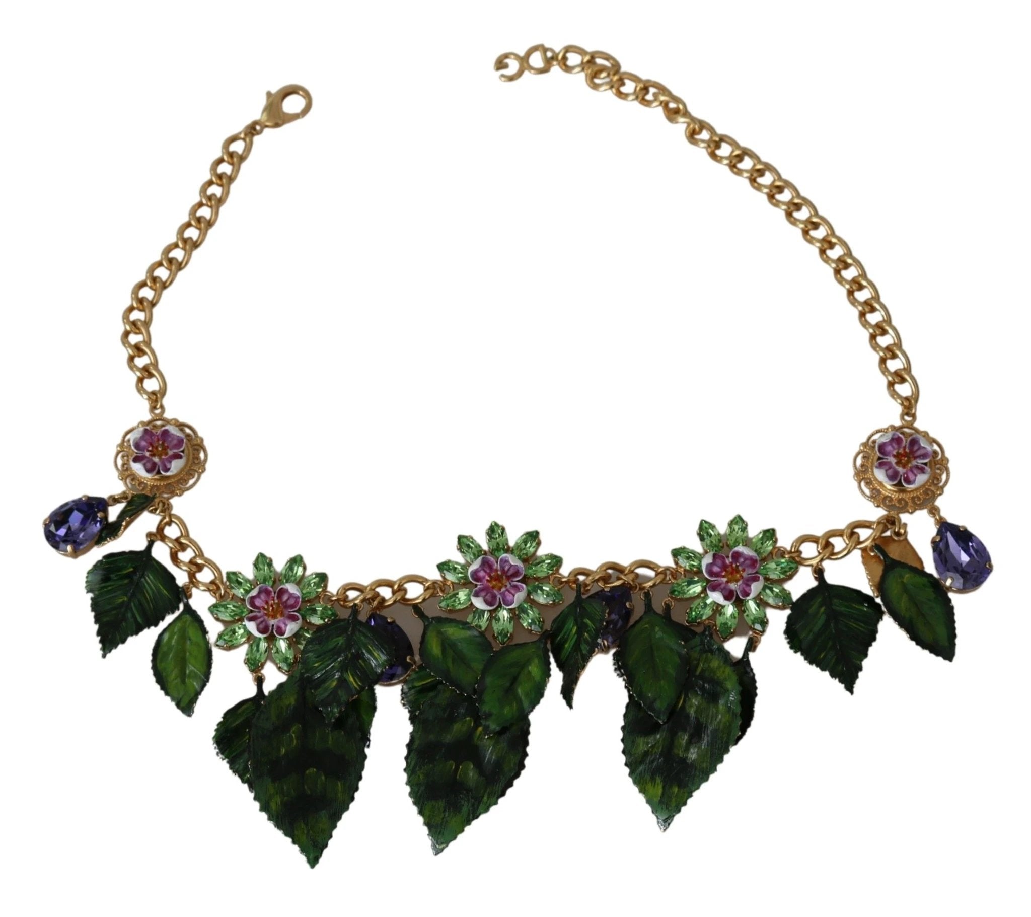 Dolce & Gabbana Green Leaves Gold Brass Crystal Flower Pendant Necklace by Dolce & Gabbana