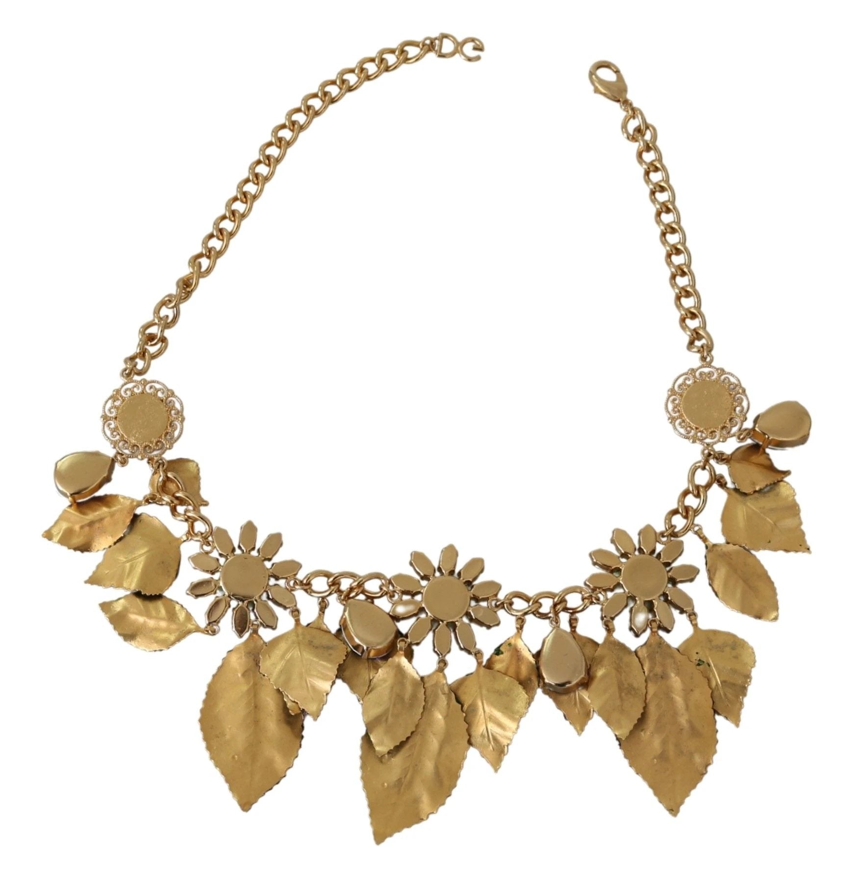 Dolce & Gabbana Green Leaves Gold Brass Crystal Flower Pendant Necklace by Dolce & Gabbana