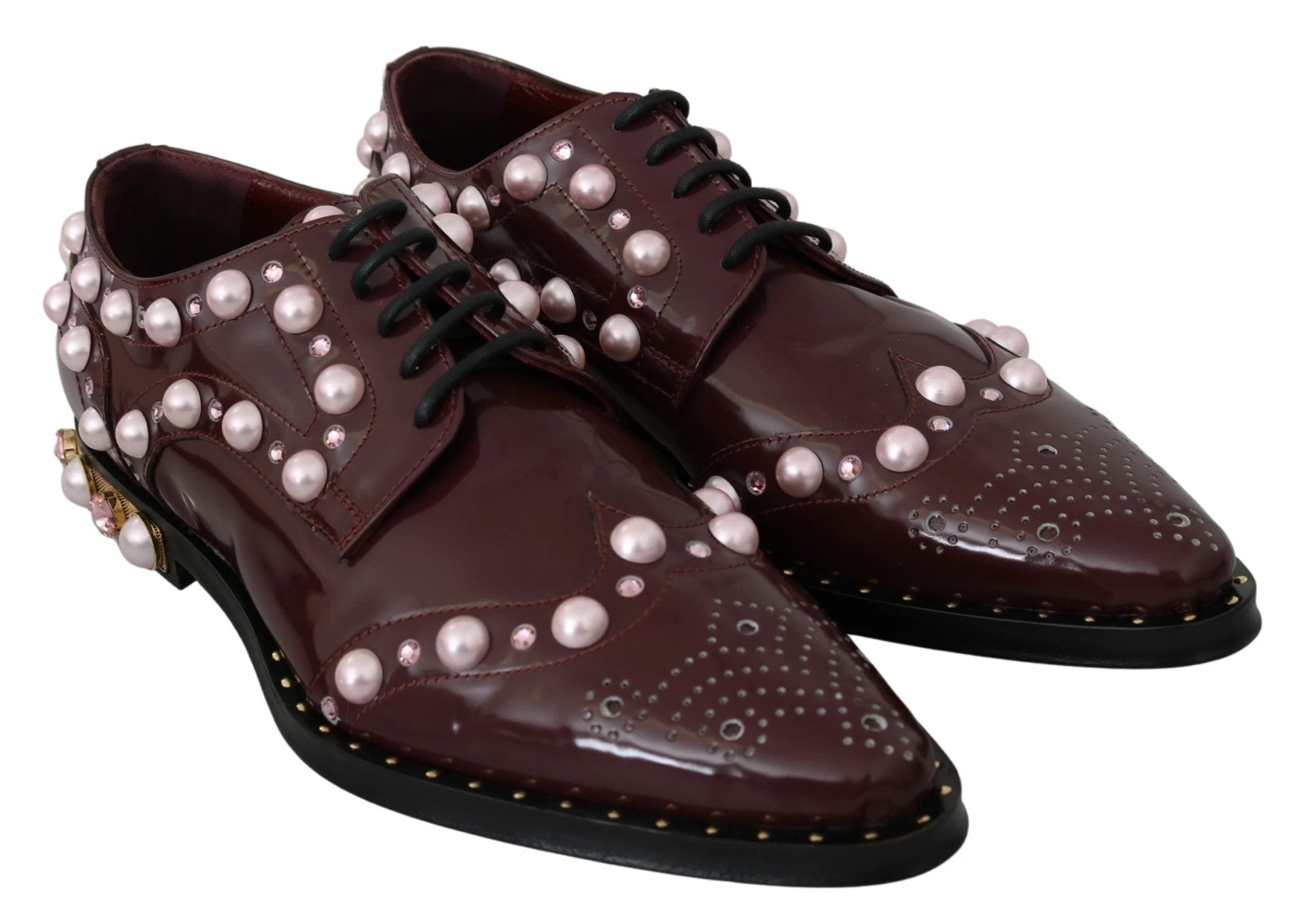 Dolce & Gabbana Bordeaux Leather Crystal Pearls Formal Shoes by Dolce & Gabbana