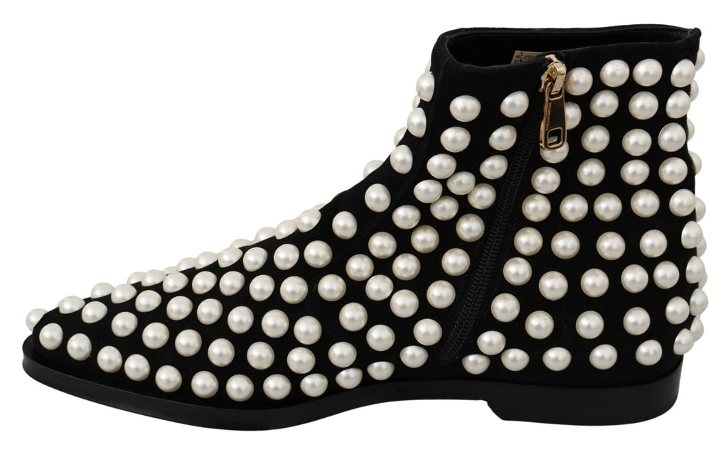 Dolce & Gabbana Black Suede Pearl Studs Boots Shoes by Dolce & Gabbana