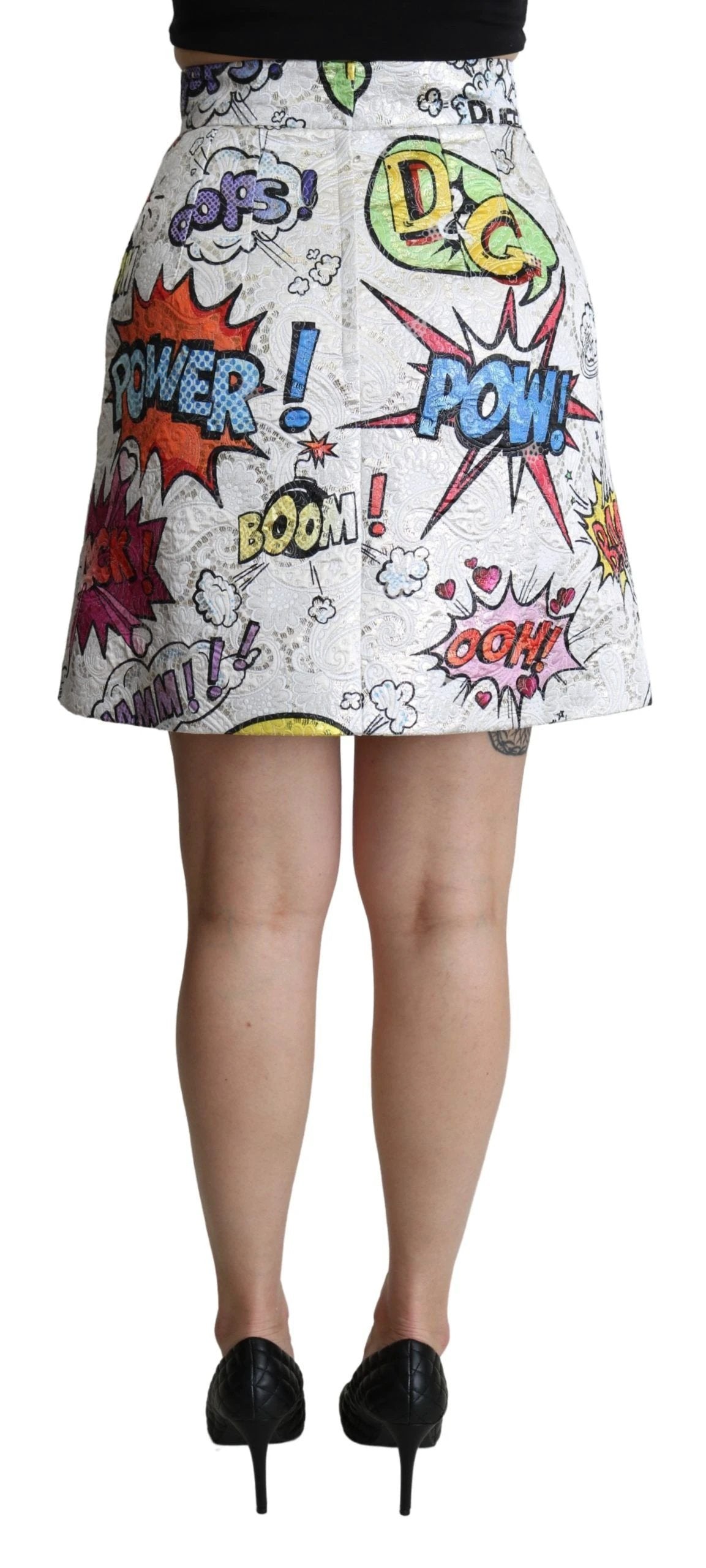 Dolce & Gabbana White Cartoon Brocade A-line High Waist Skirt by Dolce & Gabbana