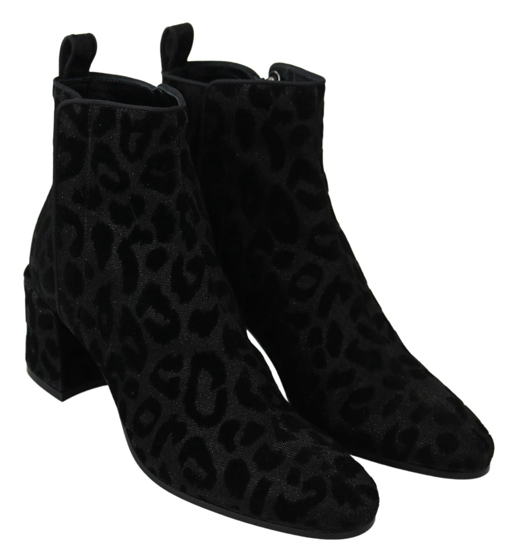 Dolce & Gabbana Black Leopard Short Boots Zipper Shoes by Dolce & Gabbana