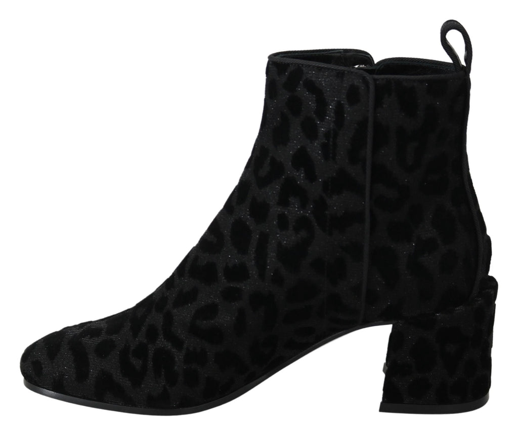 Dolce & Gabbana Black Leopard Short Boots Zipper Shoes by Dolce & Gabbana