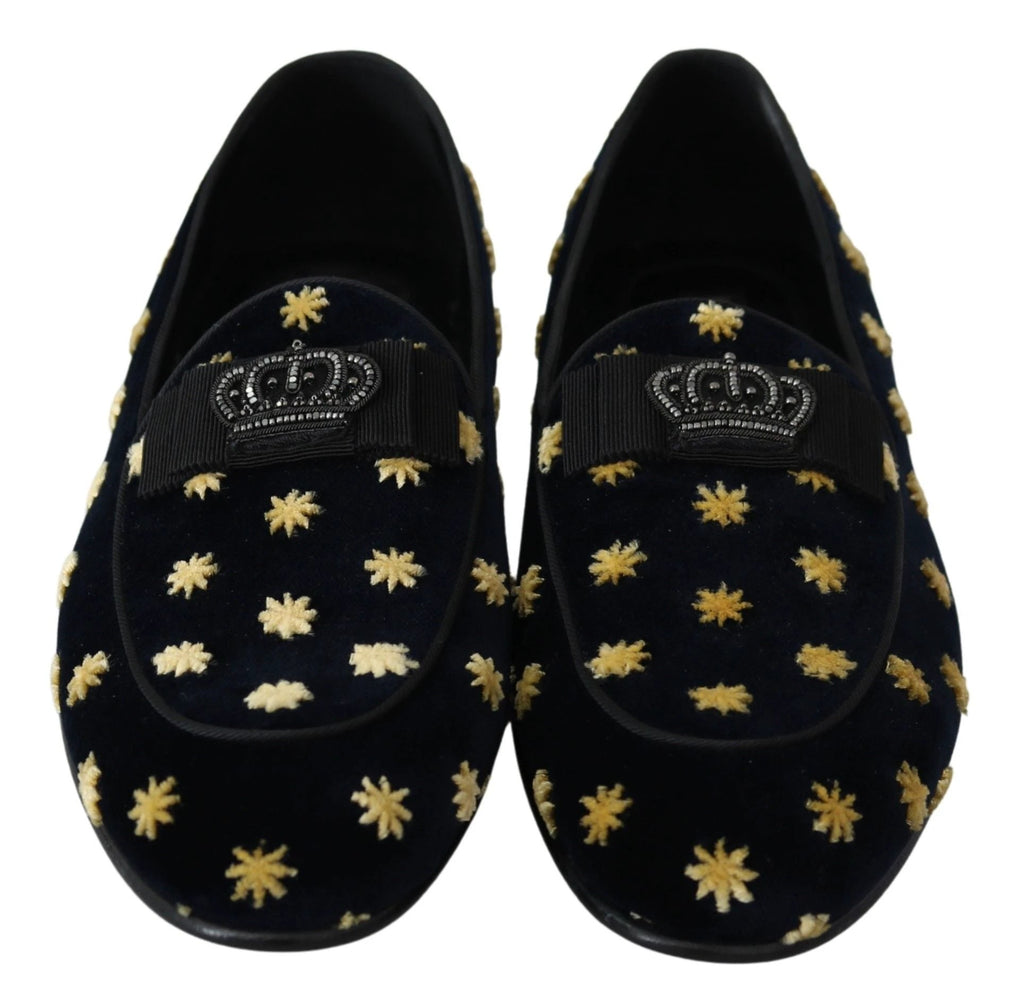Dolce & Gabbana Blue Velvet Crown Slippers Loafers Shoes by Dolce & Gabbana