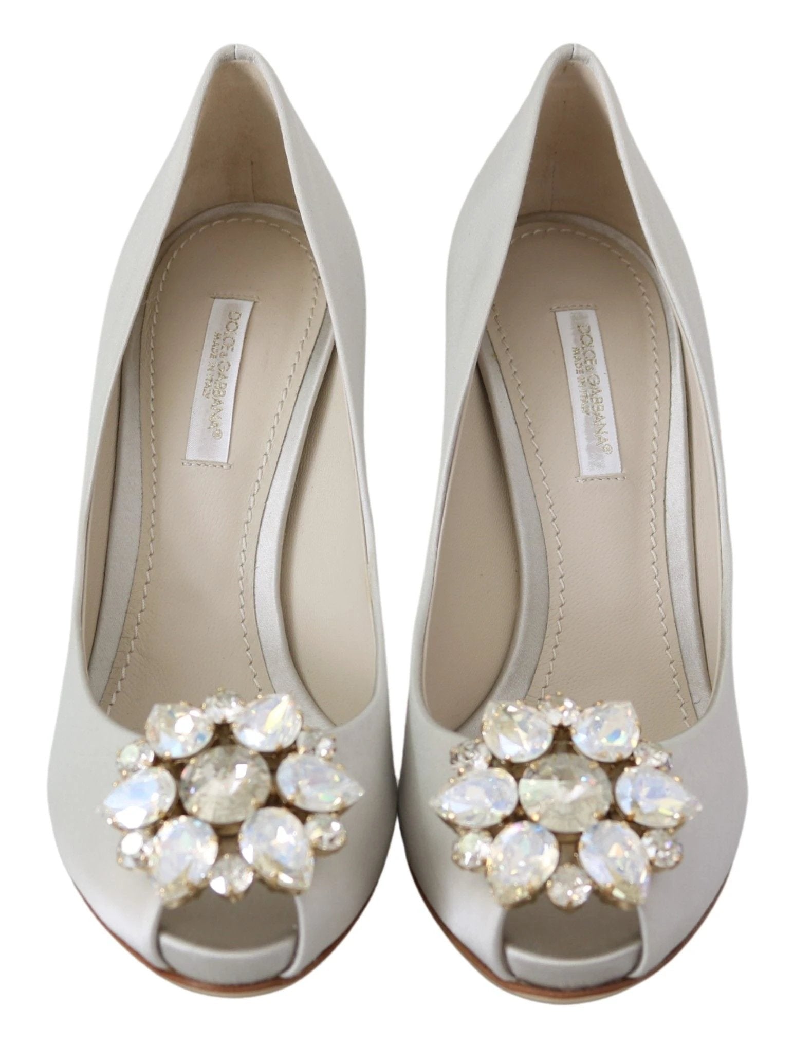 Dolce & Gabbana White Crystals Peep Toe Heels Satin Pumps Shoes by Dolce & Gabbana