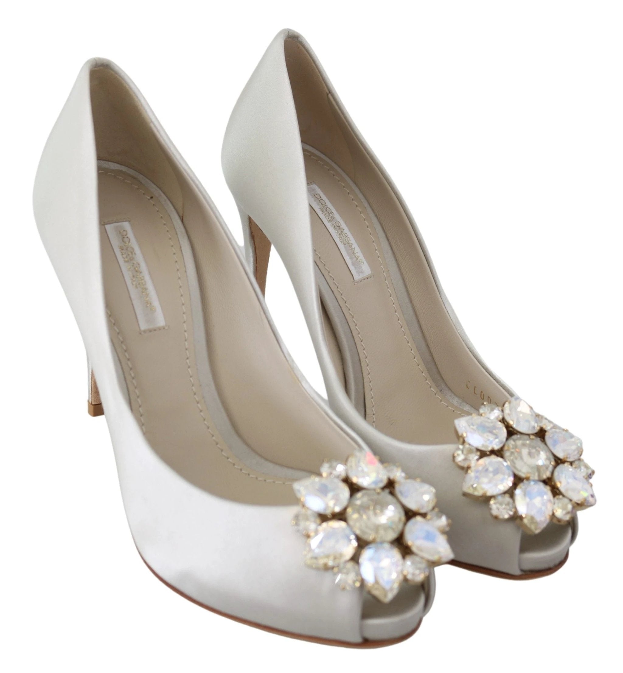Dolce & Gabbana White Crystals Peep Toe Heels Satin Pumps Shoes by Dolce & Gabbana