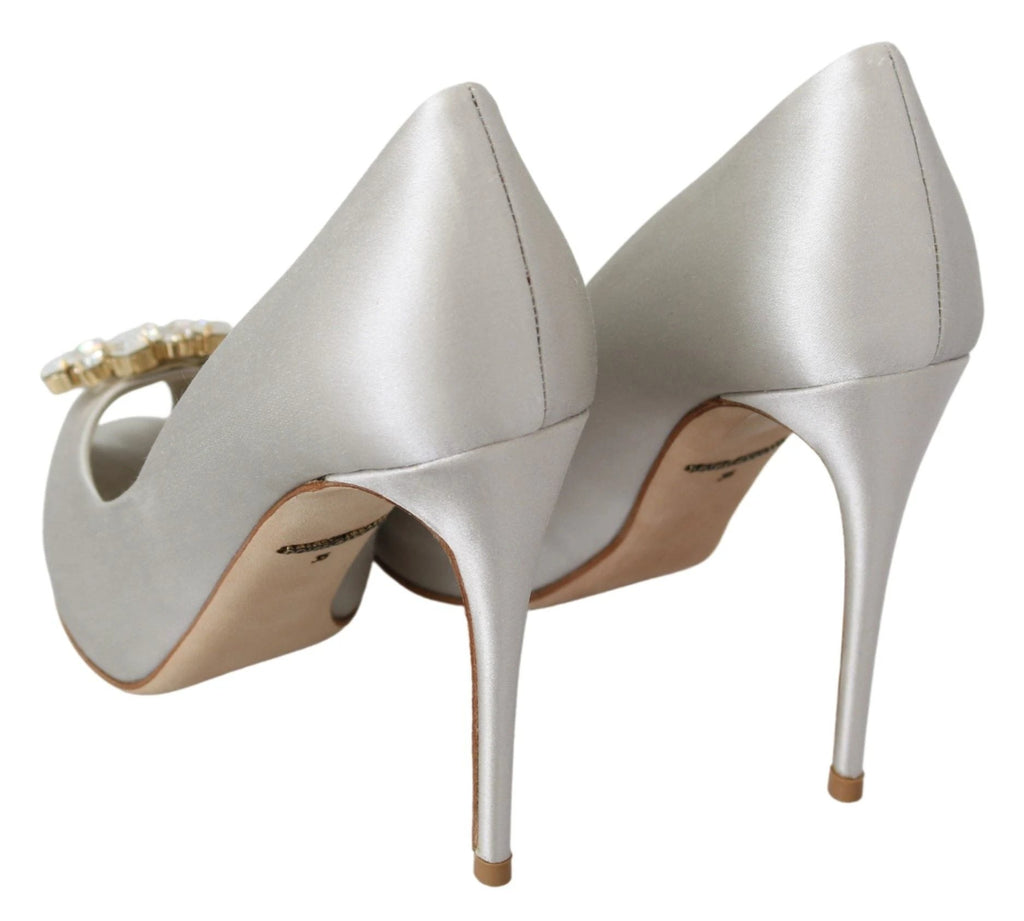 Dolce & Gabbana White Crystals Peep Toe Heels Satin Pumps Shoes by Dolce & Gabbana