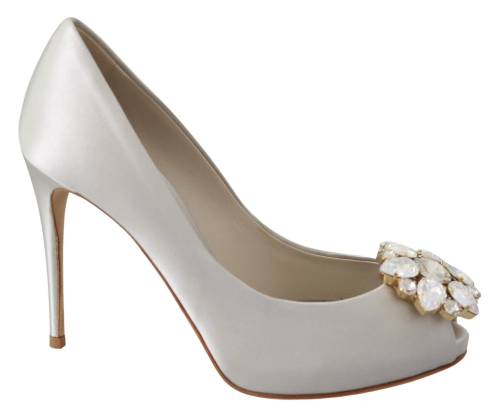 Dolce & Gabbana White Crystals Peep Toe Heels Satin Pumps Shoes by Dolce & Gabbana