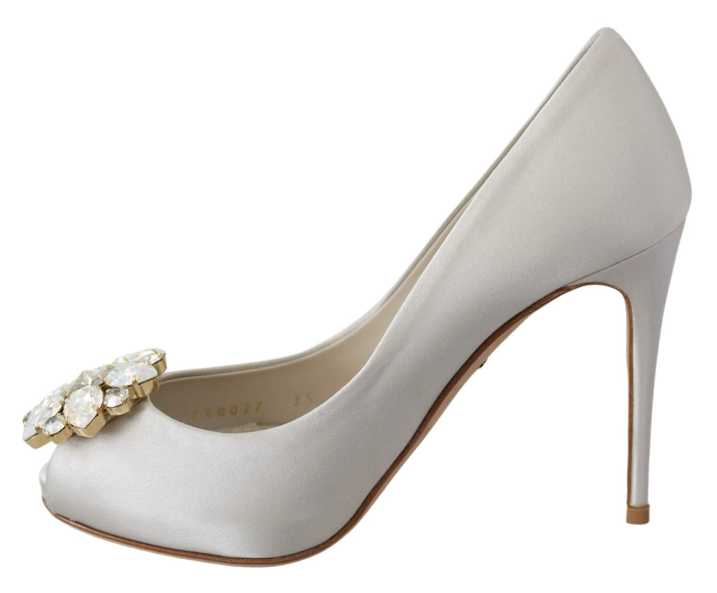 Dolce & Gabbana White Crystals Peep Toe Heels Satin Pumps Shoes by Dolce & Gabbana