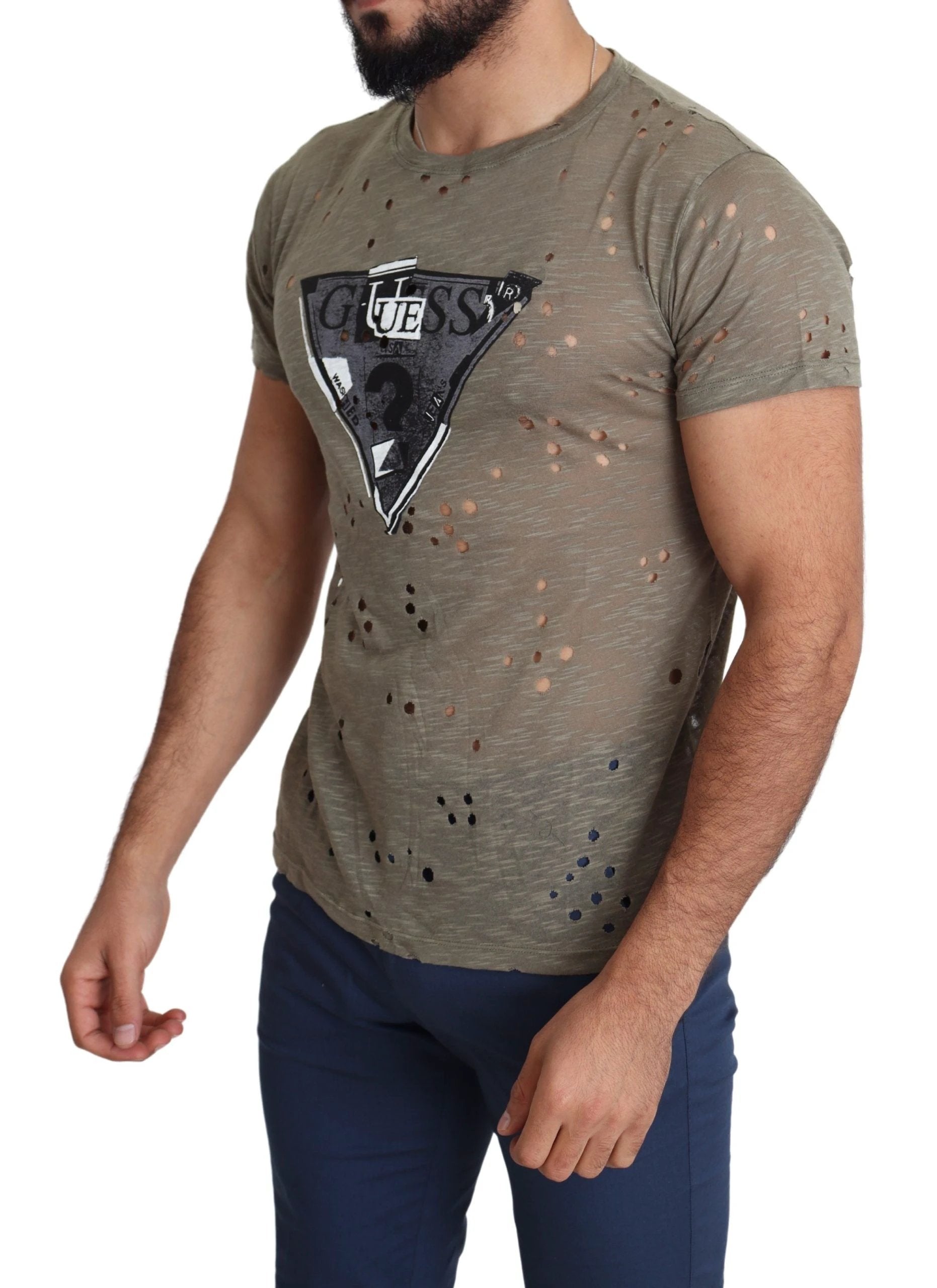 Guess Brown Cotton Stretch Logo Print Men Casual Perforated T-shirt by Guess