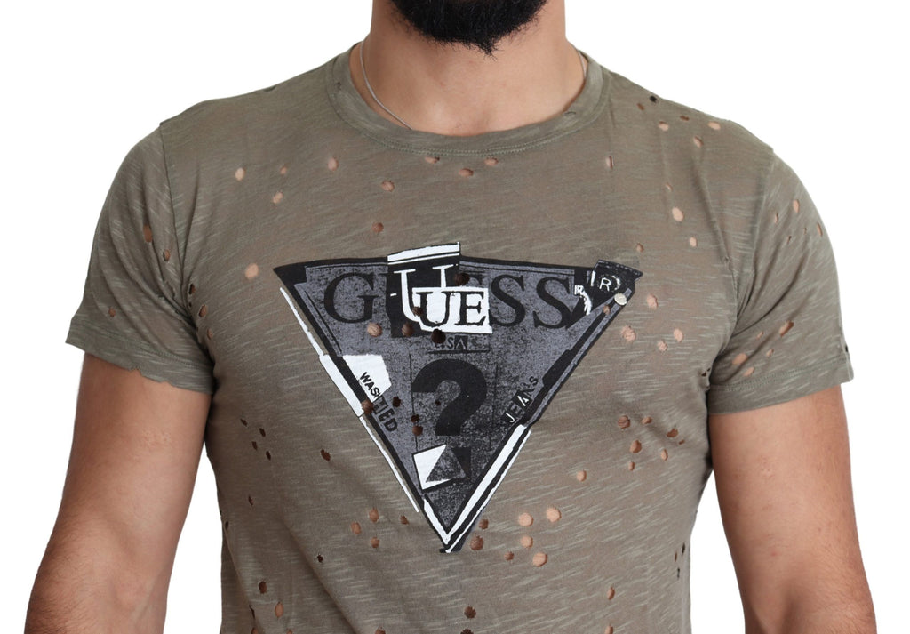 Guess Brown Cotton Stretch Logo Print Men Casual Perforated T-shirt by Guess