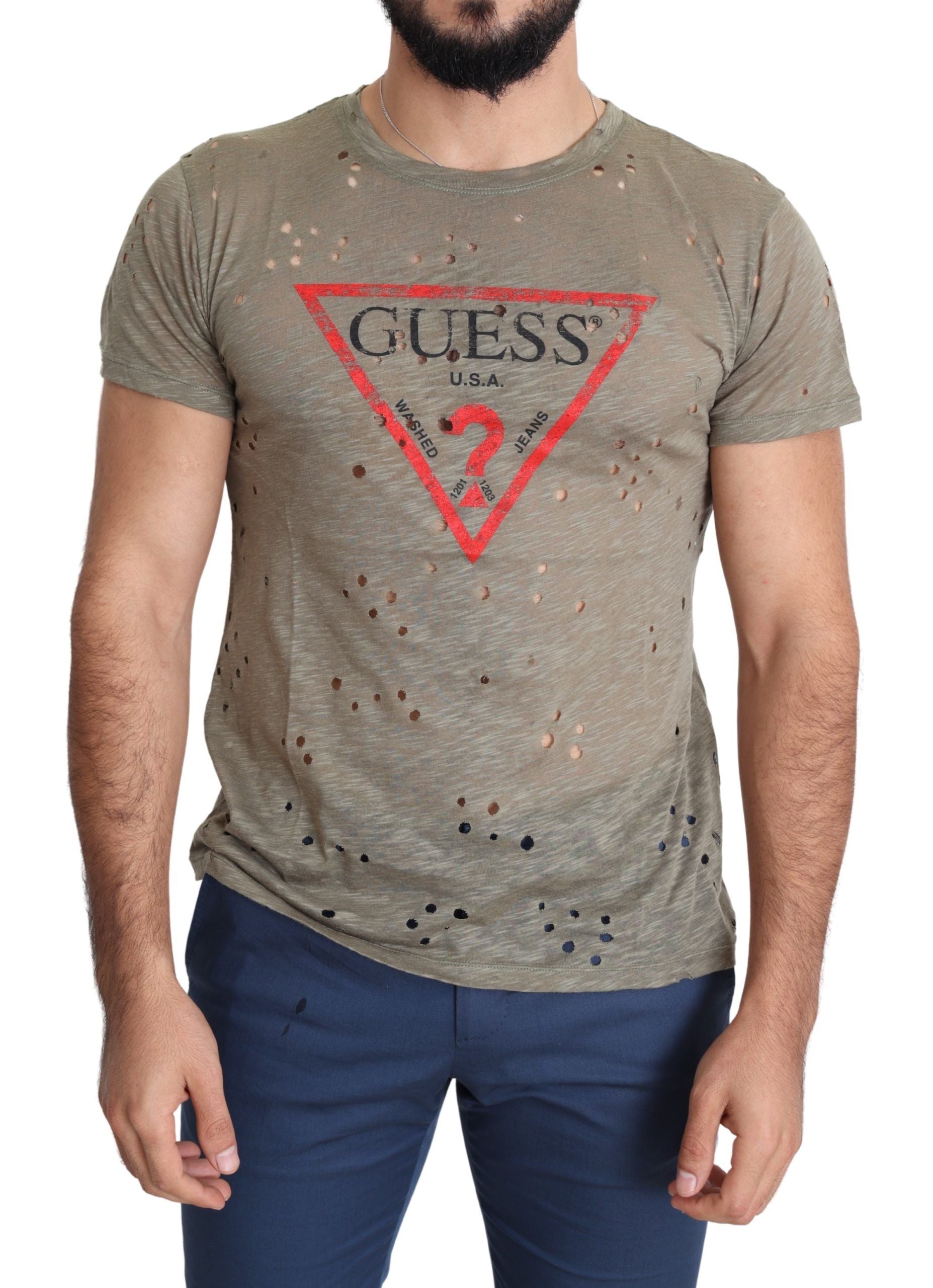 Guess Brown Cotton Stretch Logo Print Men Casual Perforated T-shirt by Guess