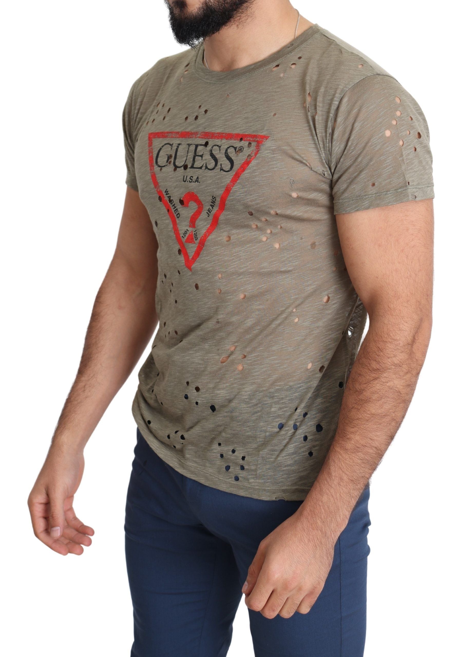 Guess Brown Cotton Stretch Logo Print Men Casual Perforated T-shirt by Guess