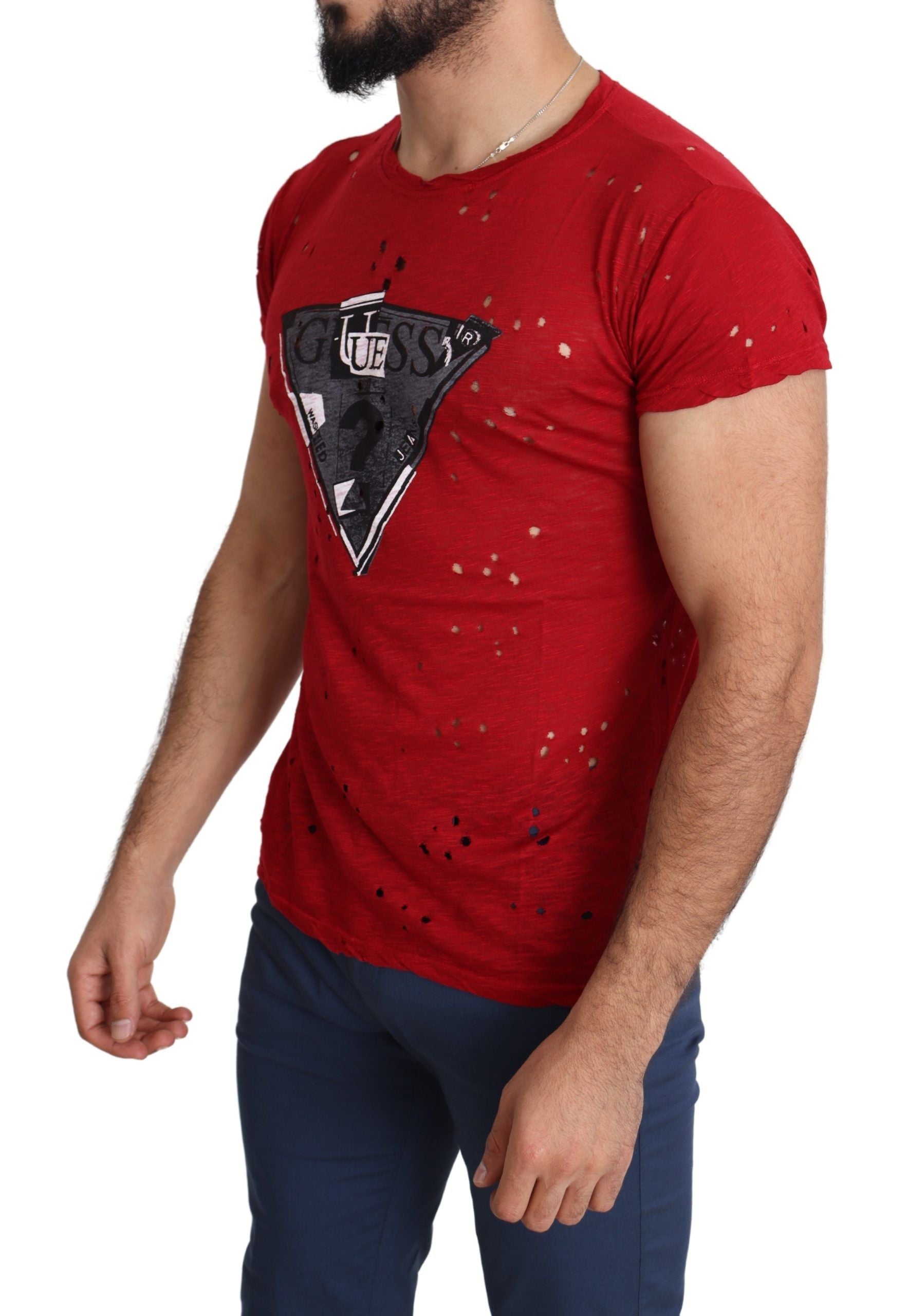 Guess Red Cotton Logo Print Men Casual Top Perforated T-shirt by Guess
