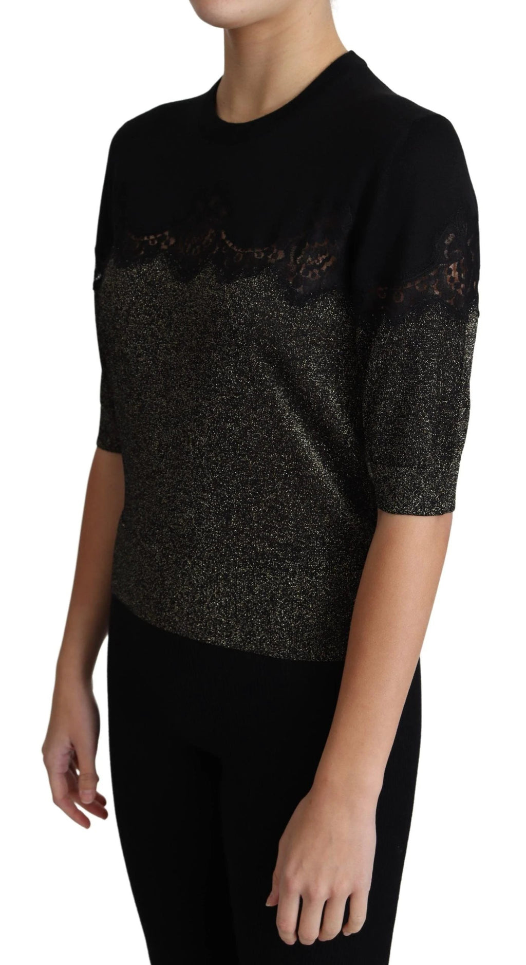 Dolce & Gabbana Black Shiny Lurex Lace Insert Pullover Top by Dolce & Gabbana