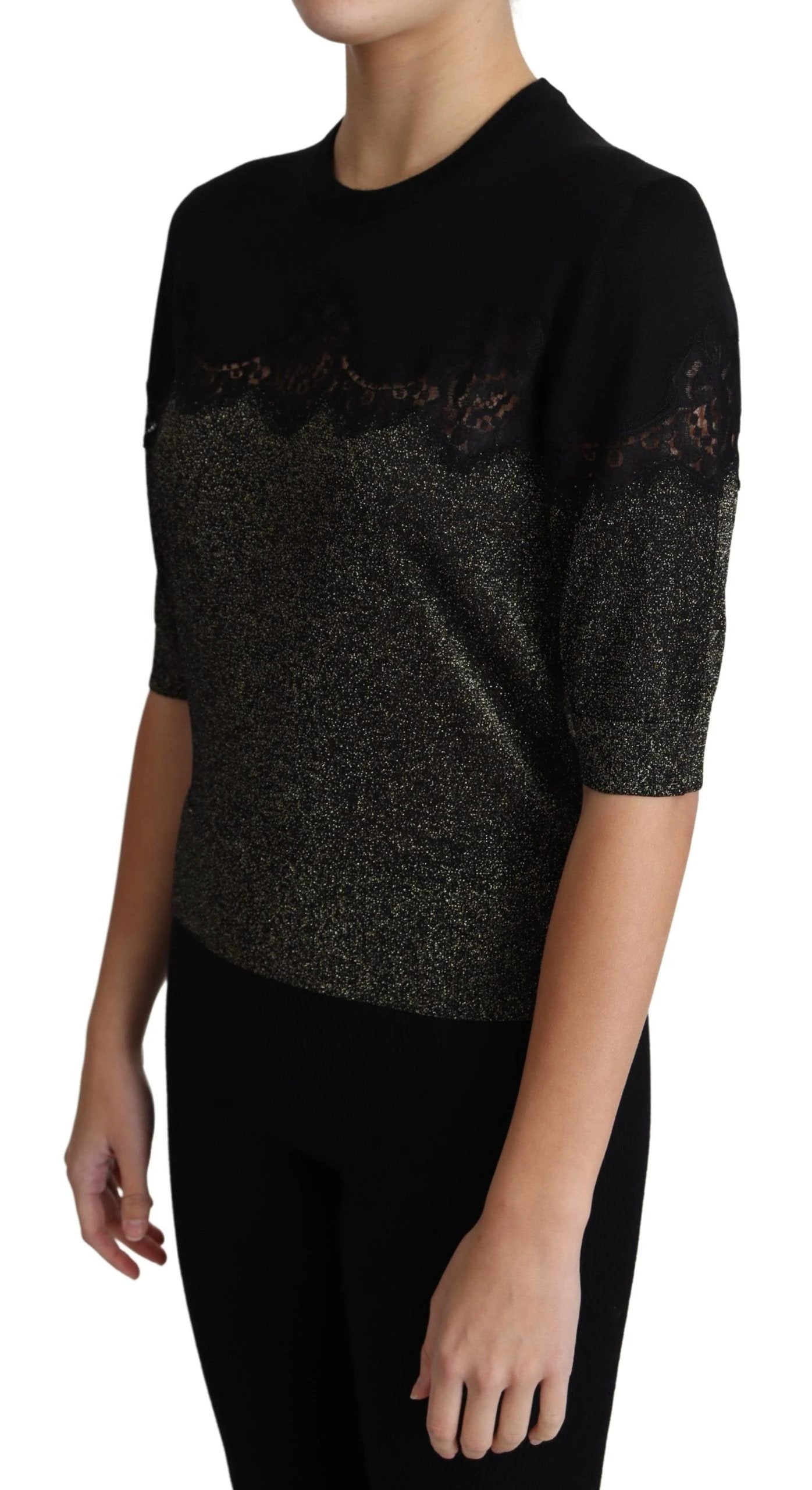 Dolce & Gabbana Black Shiny Lurex Lace Insert Pullover Top by Dolce & Gabbana