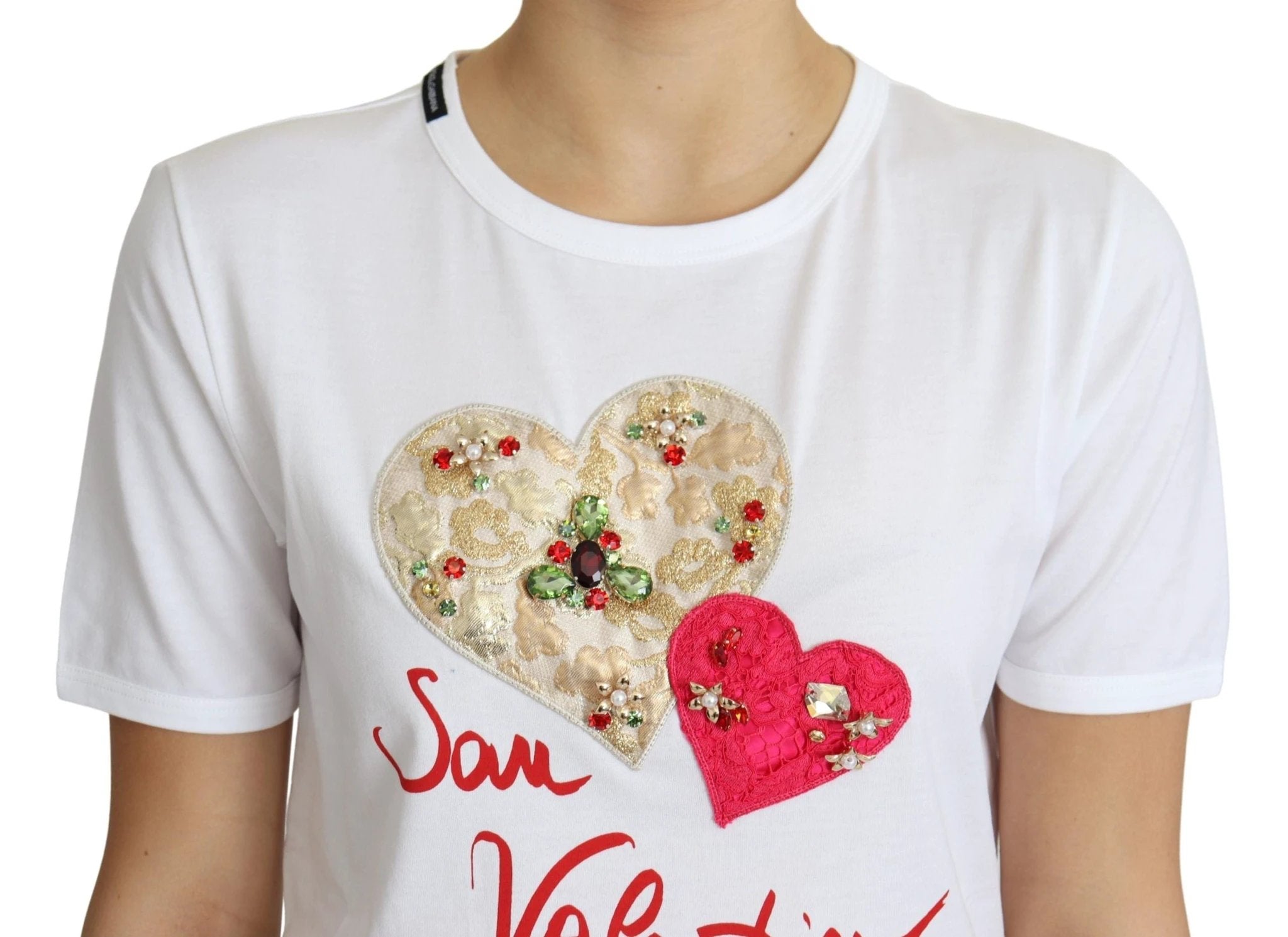 Dolce & Gabbana White San Valentino Heart Crystals T-shirt Top by Dolce & Gabbana