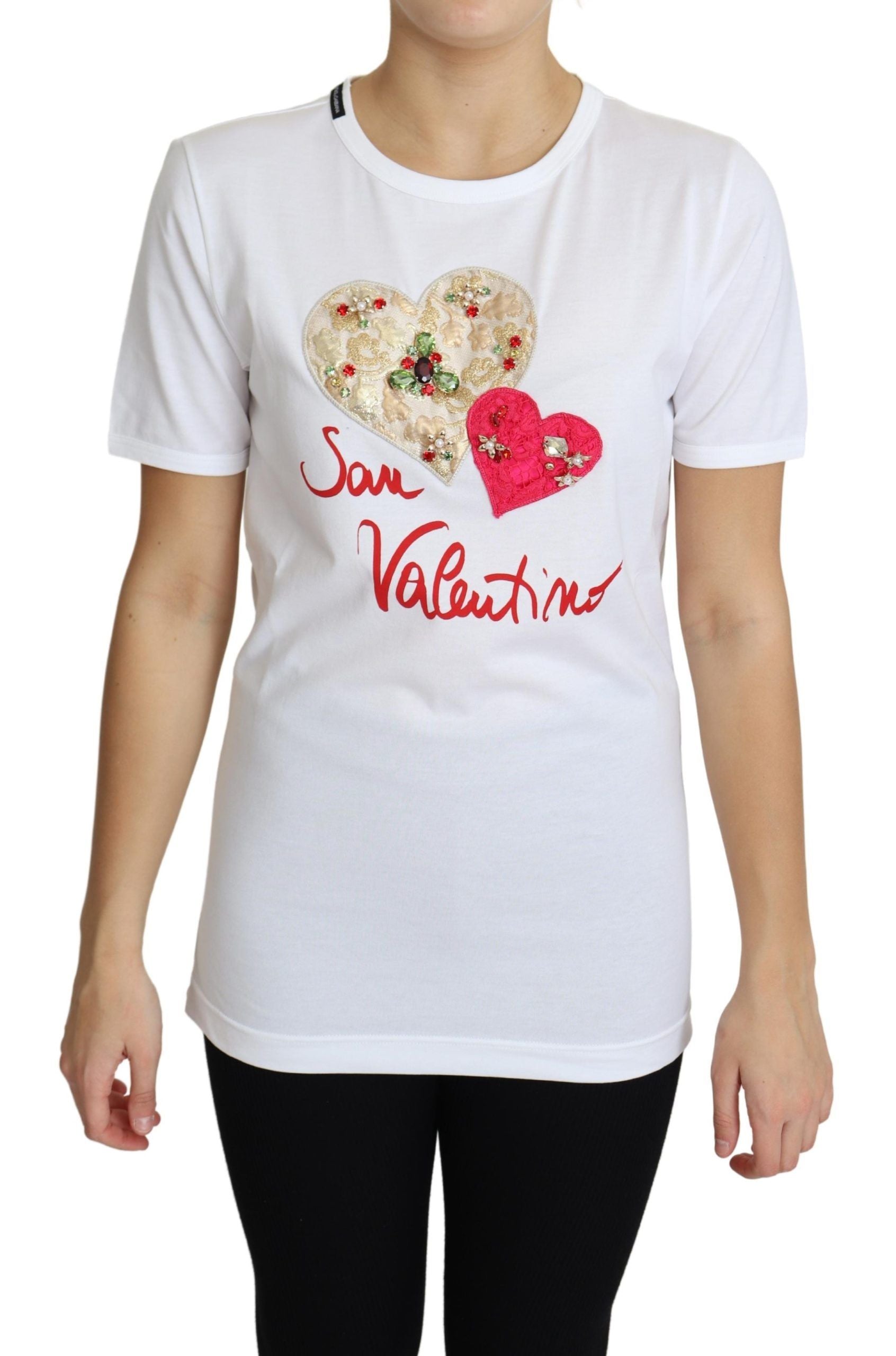Dolce & Gabbana White San Valentino Heart Crystals T-shirt Top by Dolce & Gabbana