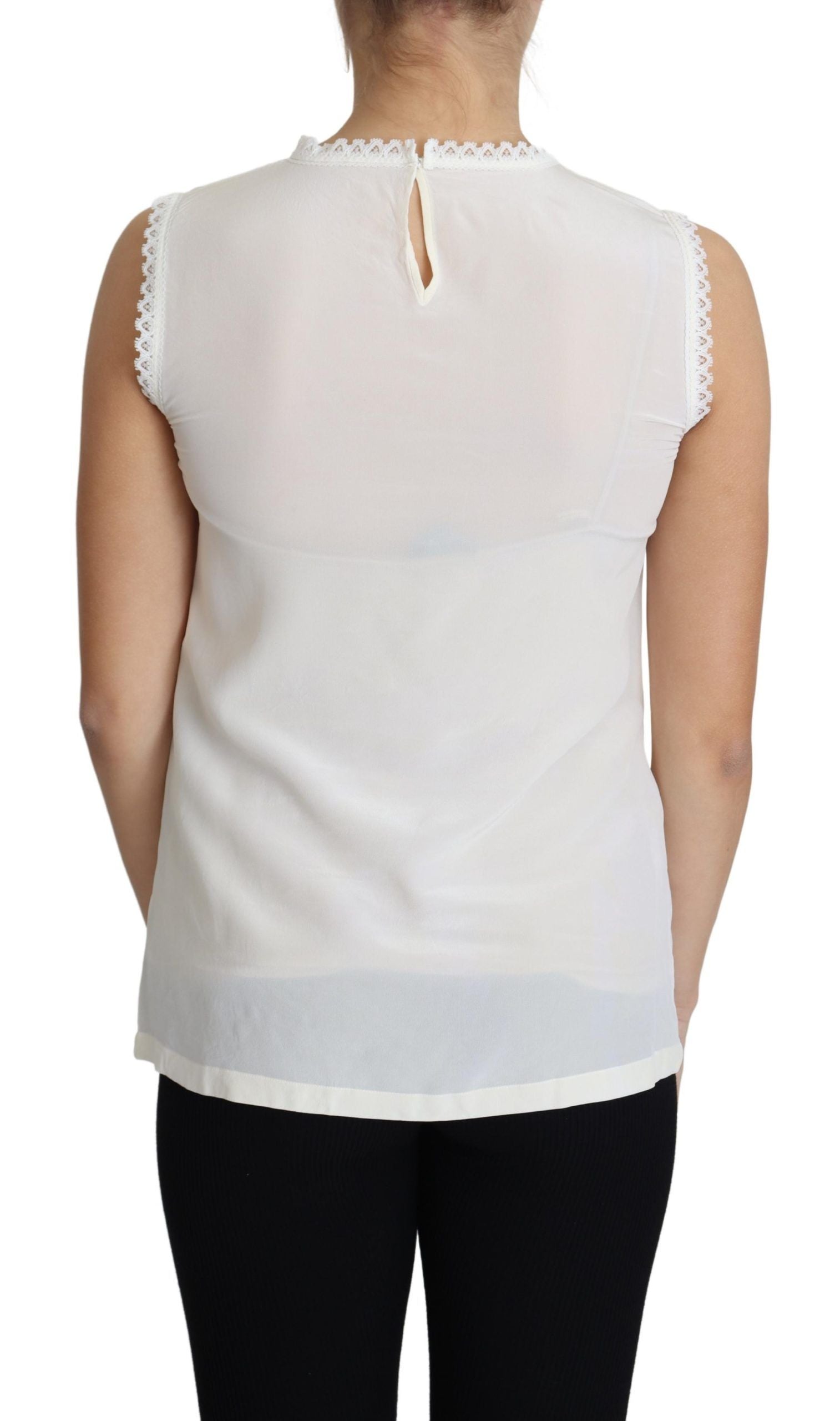 Dolce & Gabbana White Blouse Silk Lace Trimmed Sleeveless Top by Dolce & Gabbana