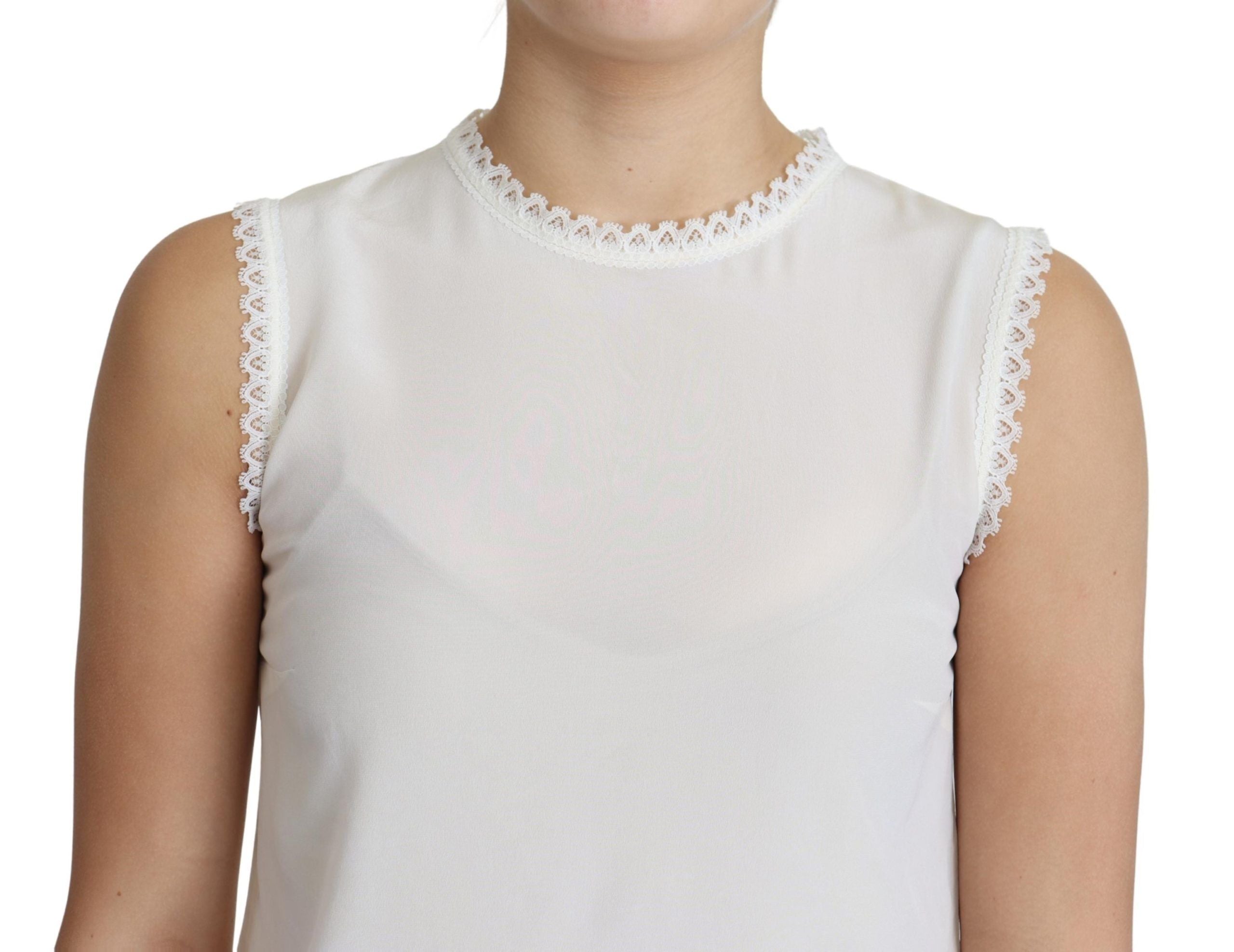 Dolce & Gabbana White Blouse Silk Lace Trimmed Sleeveless Top by Dolce & Gabbana