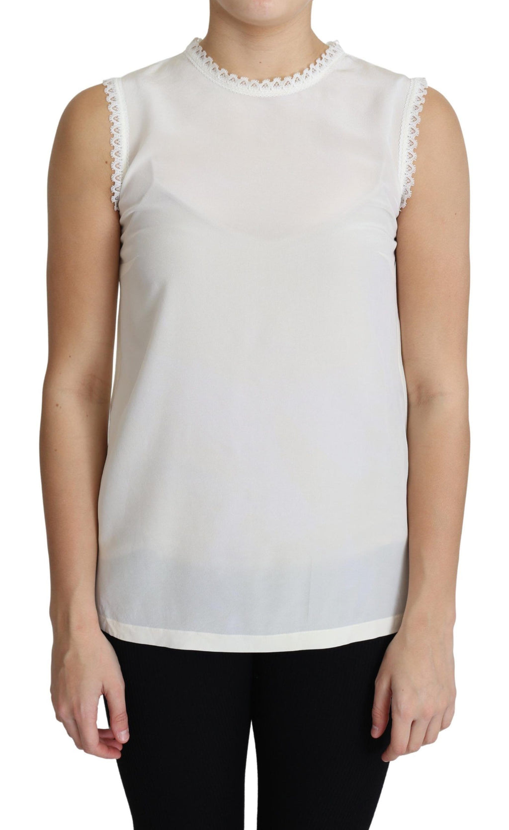 Dolce & Gabbana White Blouse Silk Lace Trimmed Sleeveless Top by Dolce & Gabbana