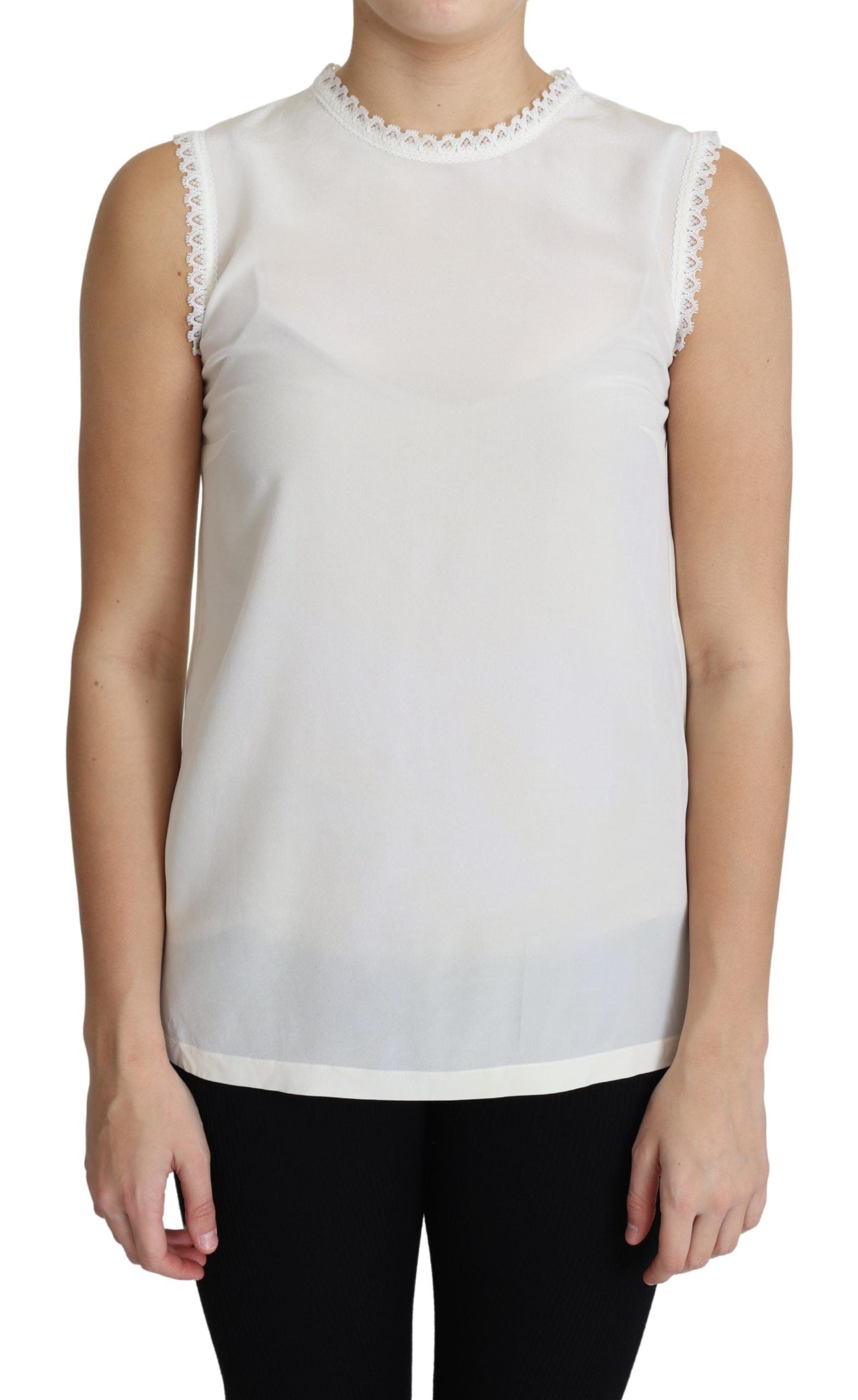 Dolce & Gabbana White Blouse Silk Lace Trimmed Sleeveless Top by Dolce & Gabbana