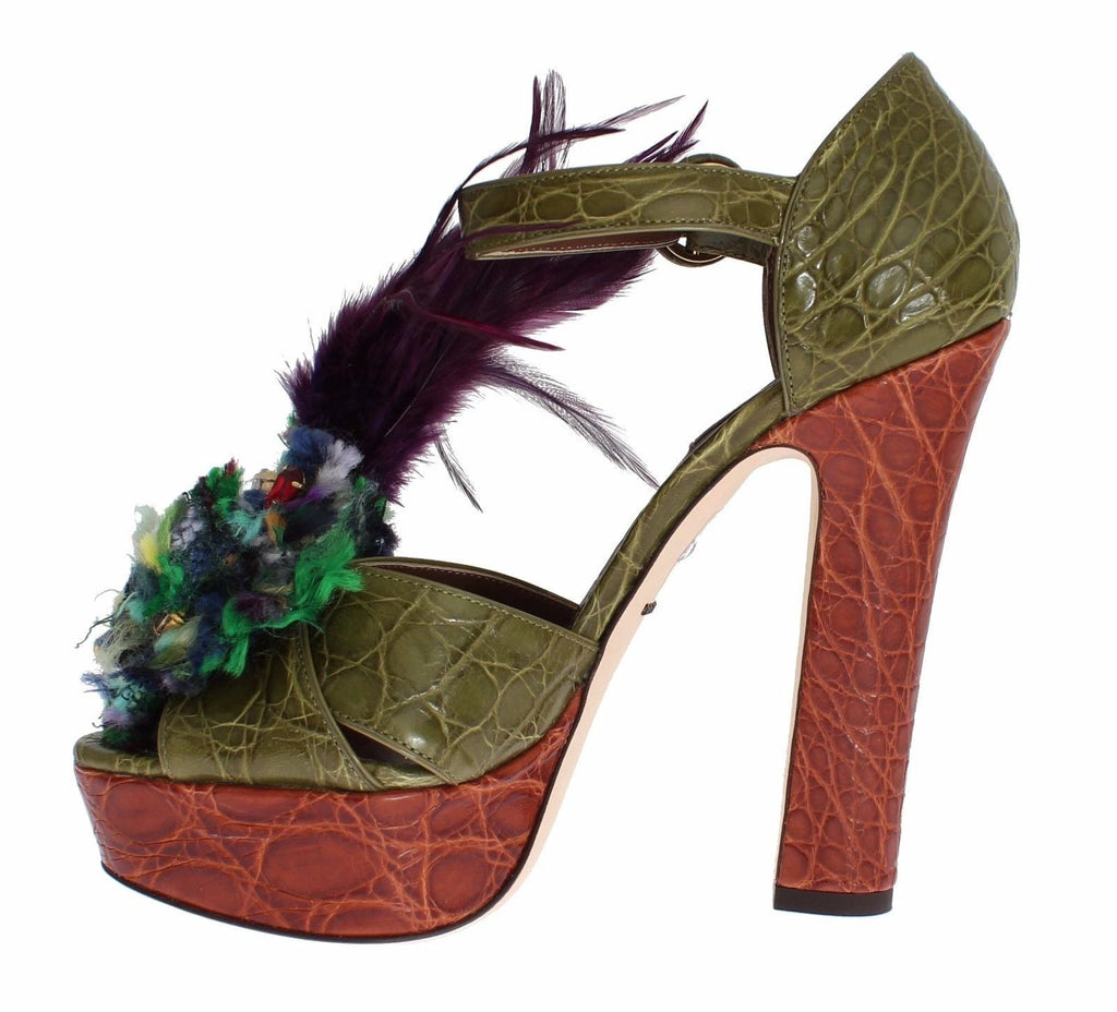 Dolce & Gabbana Green Leather Crystal Platform Sandal Shoes by Dolce & Gabbana