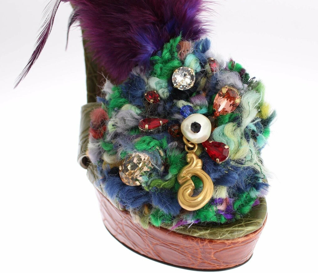 Dolce & Gabbana Green Leather Crystal Platform Sandal Shoes by Dolce & Gabbana