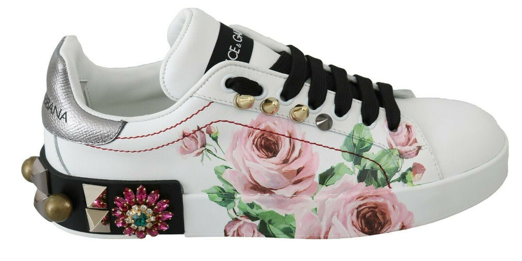 Dolce & Gabbana White Leather Crystal Roses Floral Sneakers Shoes by Dolce & Gabbana