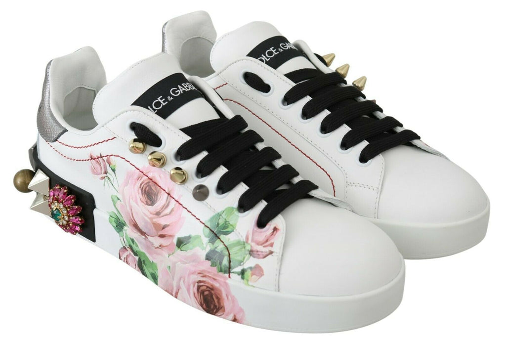 Dolce & Gabbana White Leather Crystal Roses Floral Sneakers Shoes by Dolce & Gabbana