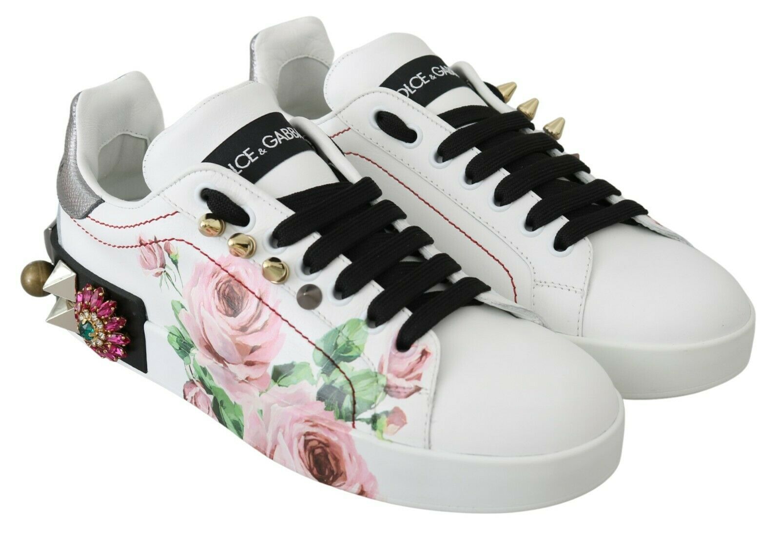 Dolce & Gabbana White Leather Crystal Roses Floral Sneakers Shoes by Dolce & Gabbana