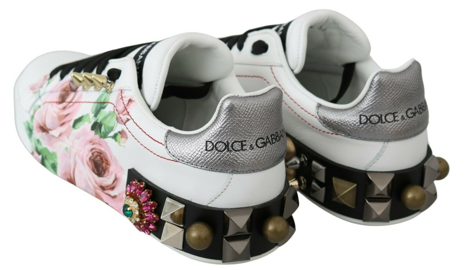 Dolce & Gabbana White Leather Crystal Roses Floral Sneakers Shoes by Dolce & Gabbana