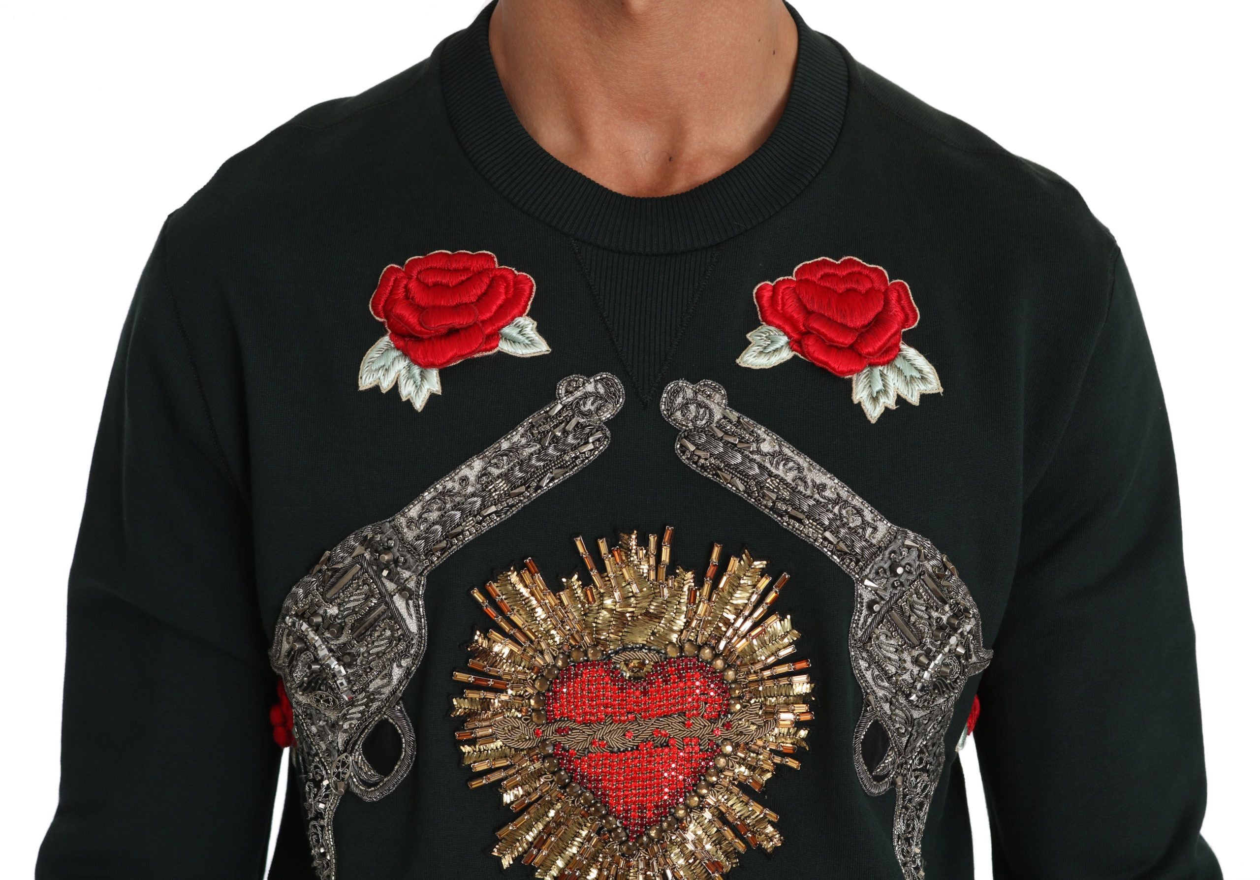 Dolce & Gabbana Green Crystal Heart Roses Gun Sweater by Dolce & Gabbana
