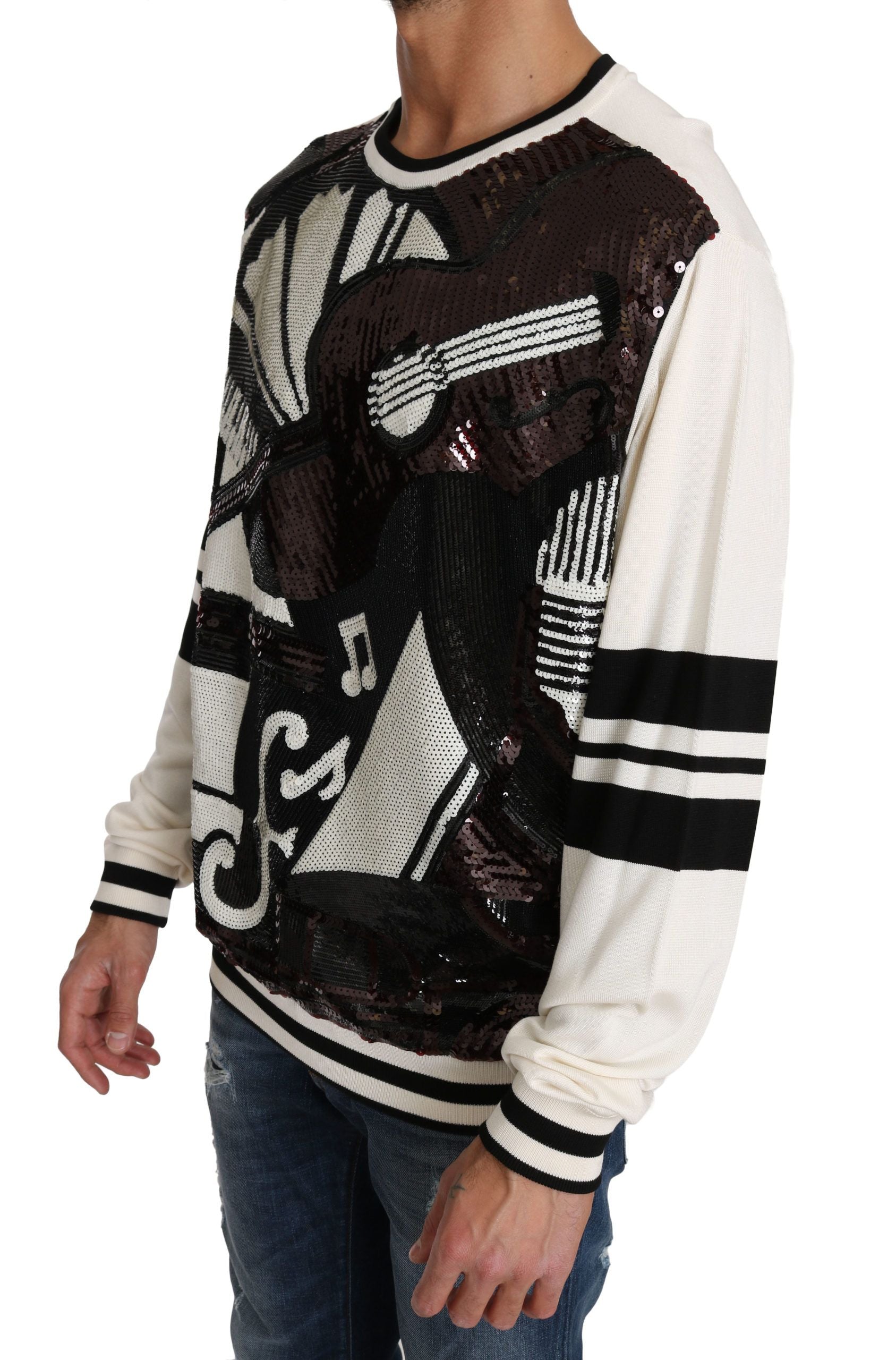 Dolce & Gabbana White Jazz Sequined Guitar Pullover Top Sweater by Dolce & Gabbana