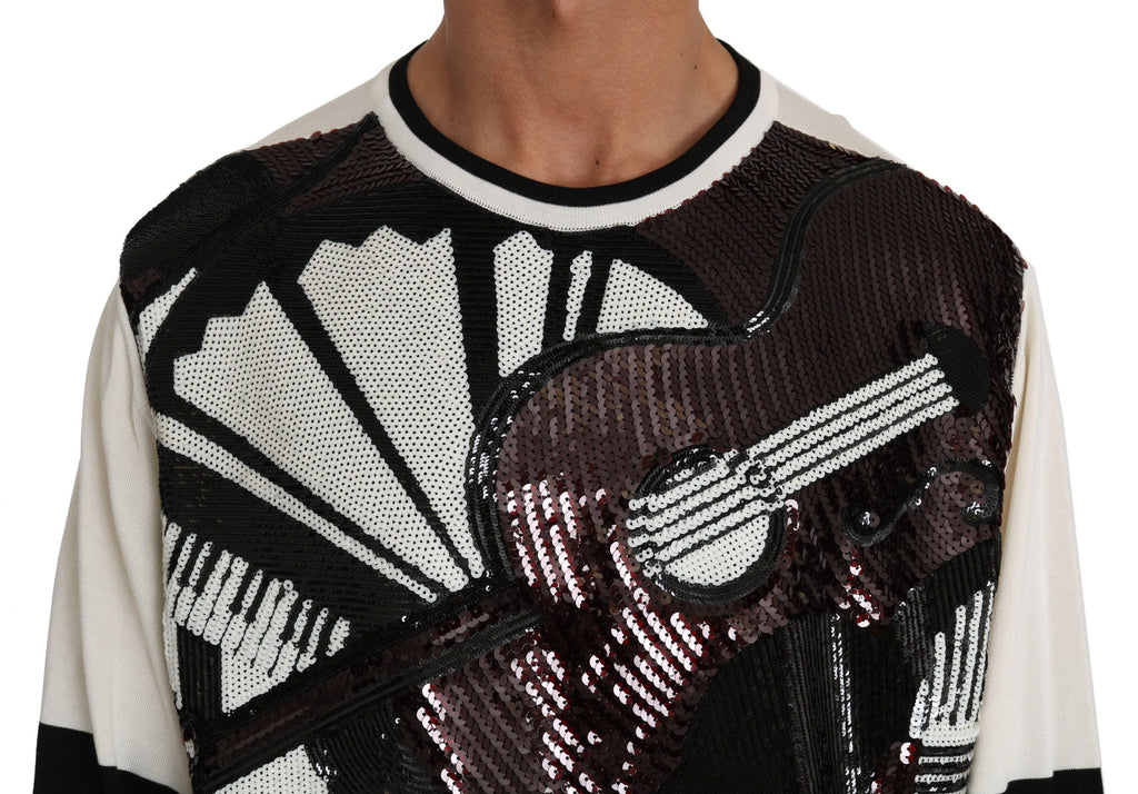 Dolce & Gabbana White Jazz Sequined Guitar Pullover Top Sweater by Dolce & Gabbana