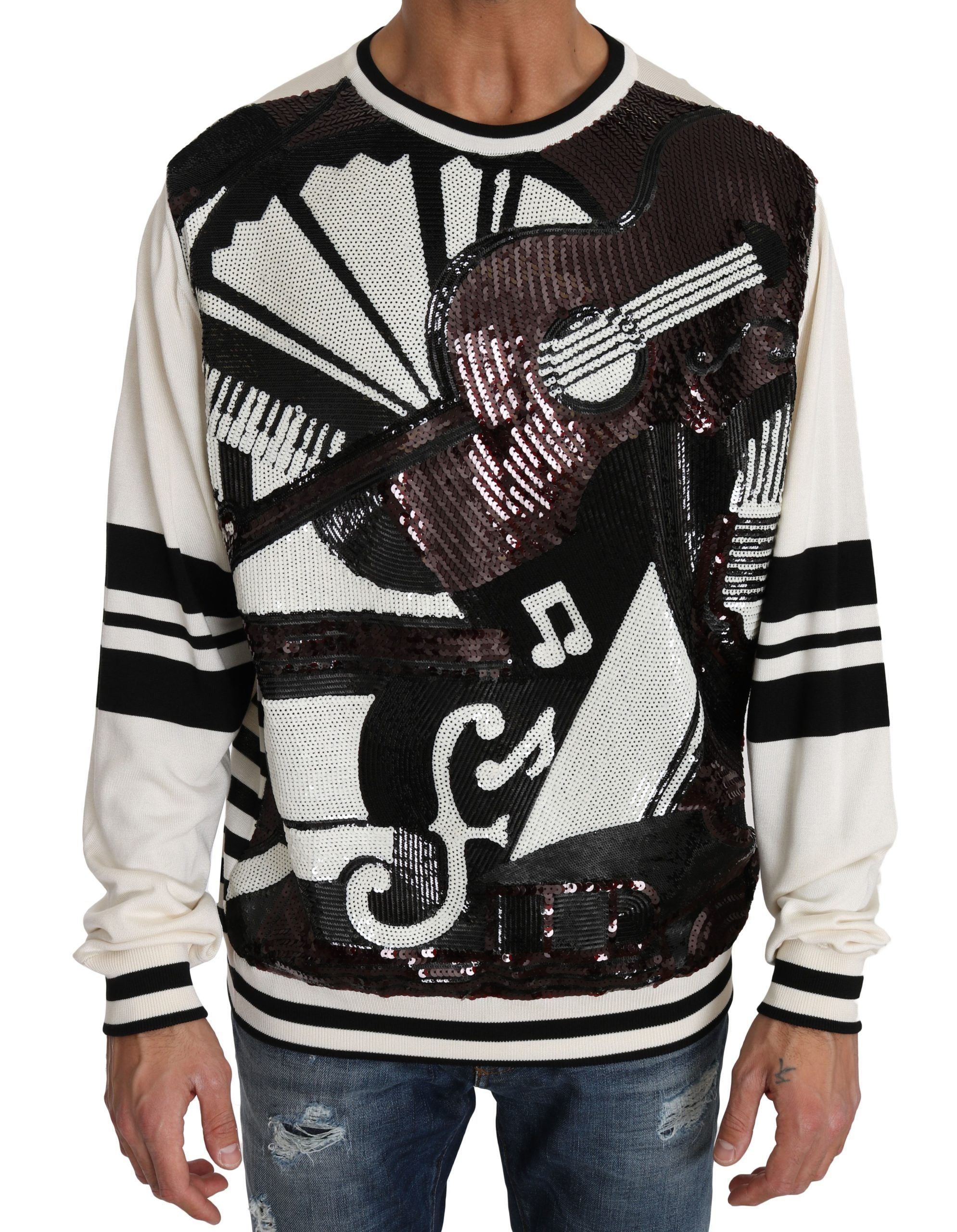 Dolce & Gabbana White Jazz Sequined Guitar Pullover Top Sweater by Dolce & Gabbana