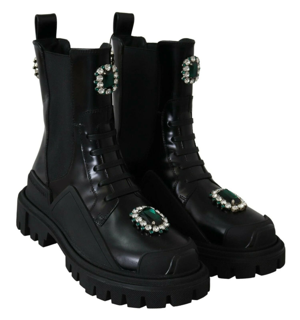Dolce & Gabbana Black Leather Crystal Combat Boots by Dolce & Gabbana