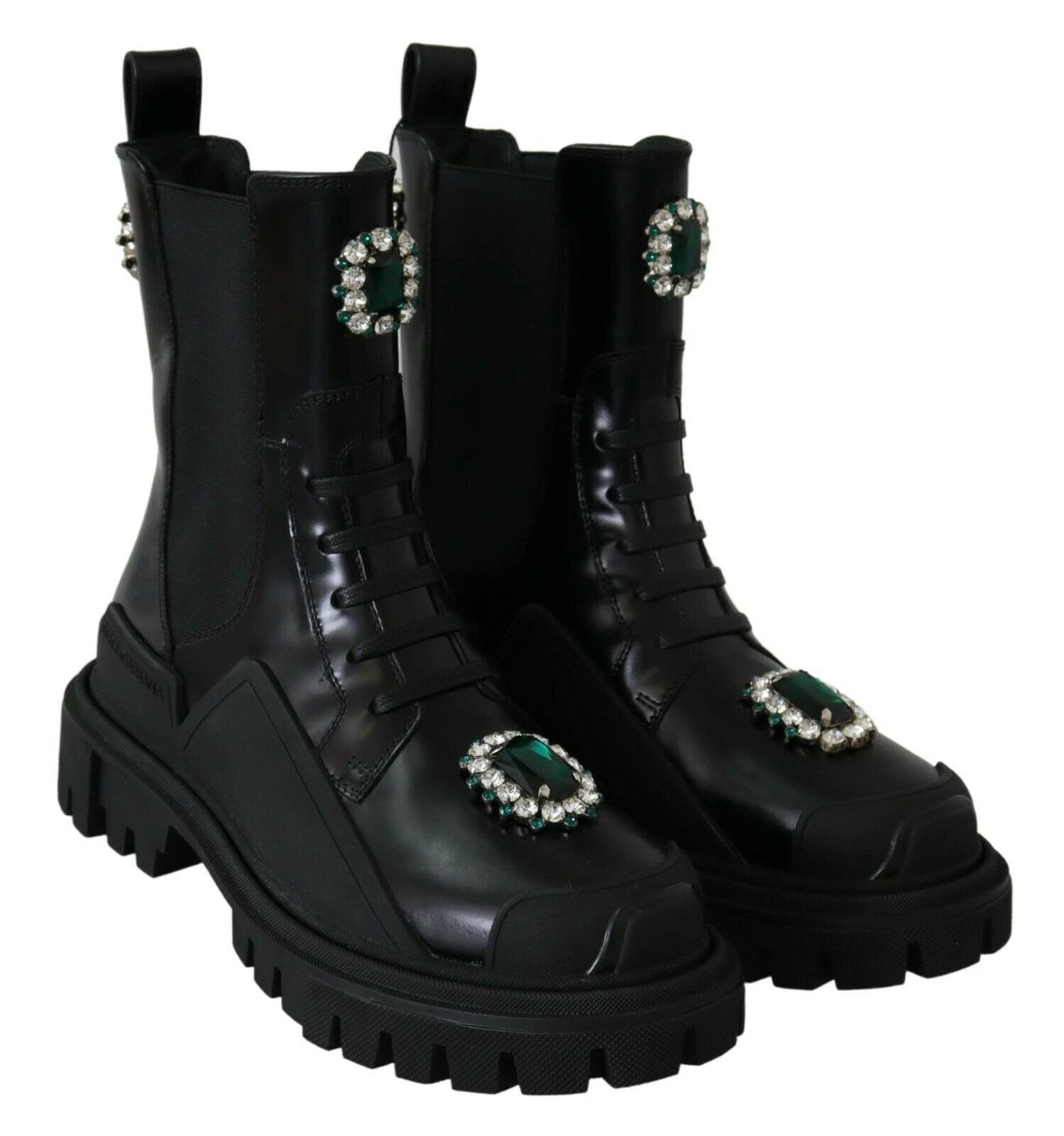 Dolce & Gabbana Black Leather Crystal Combat Boots by Dolce & Gabbana
