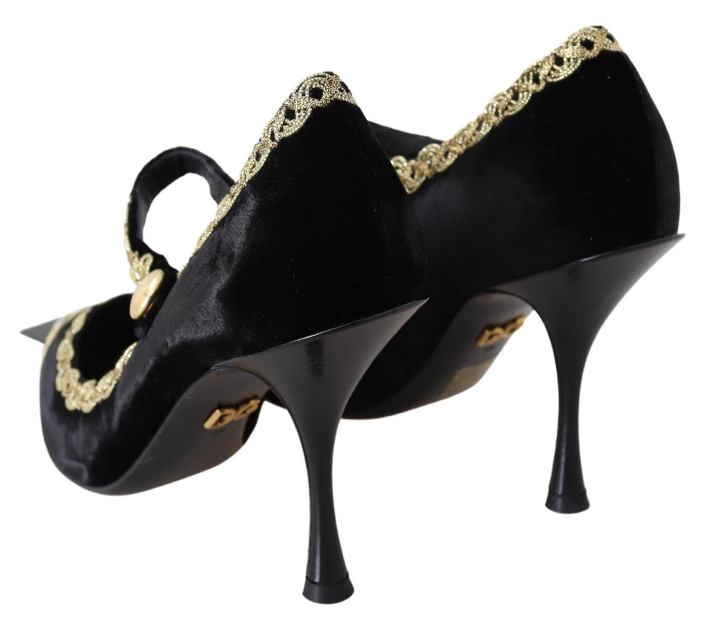 Dolce & Gabbana Black Velvet Gold Mary Janes Pumps by Dolce & Gabbana